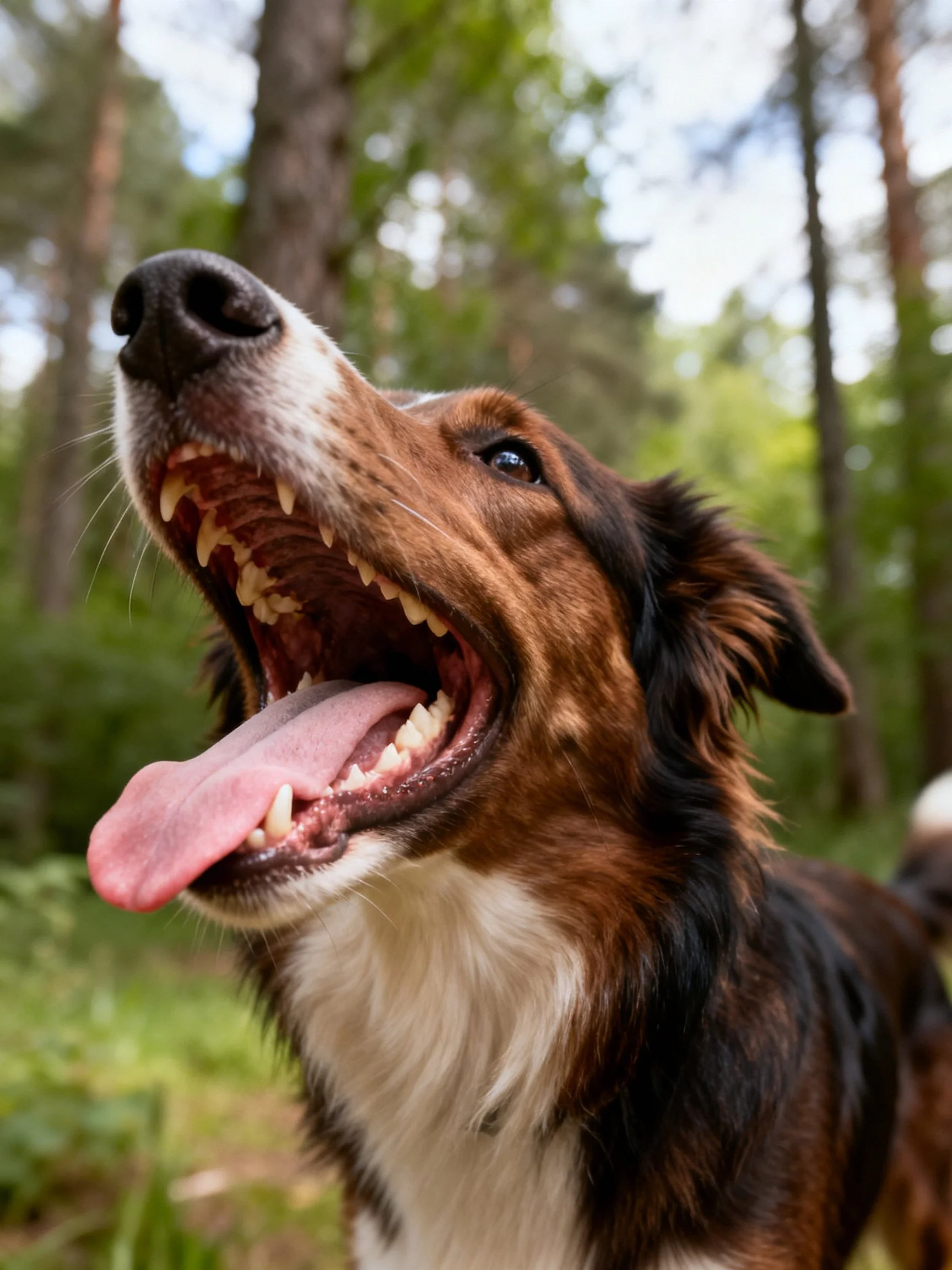 A brown and black dog yawning in a lush forest environment