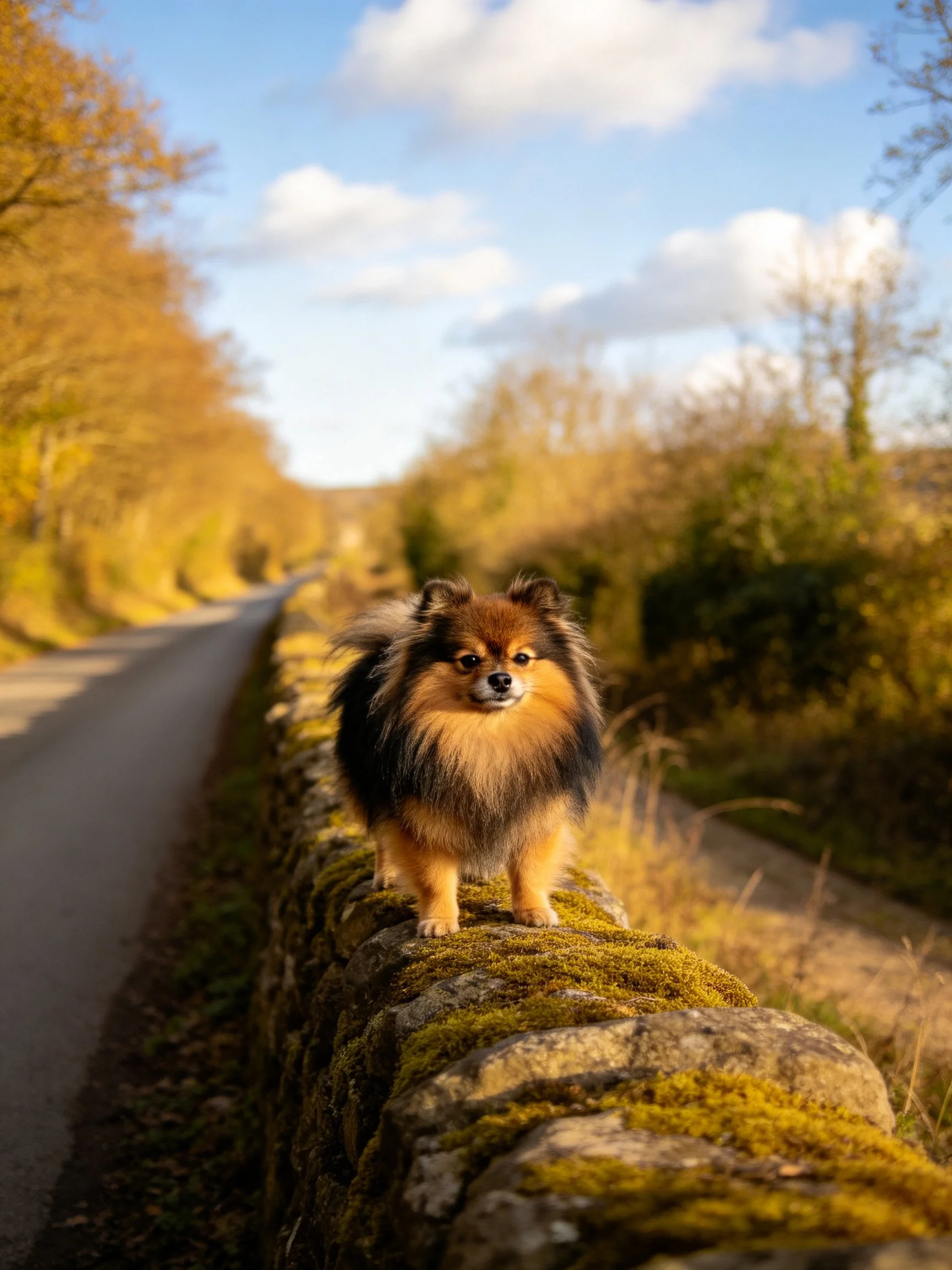 A small dog stands on a mossy stone wall next to a country road with autumn scenery.