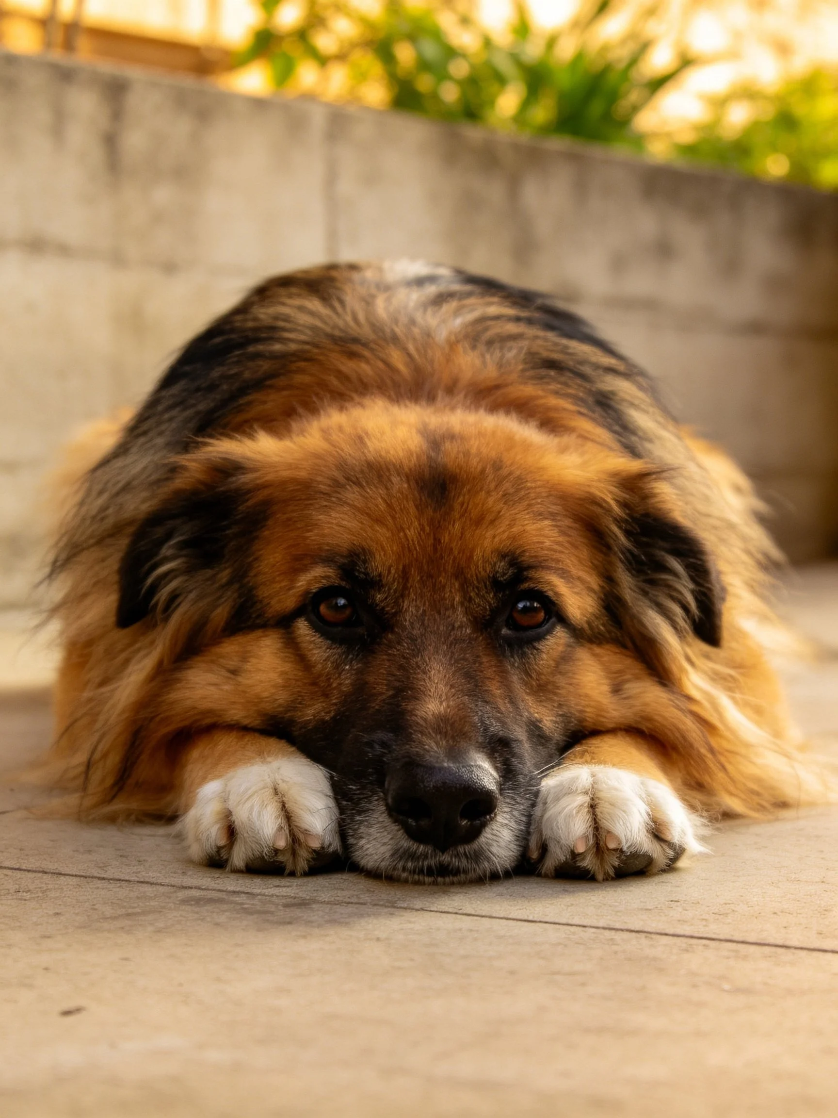 A brown and black long-haired dog resting on a concrete surface