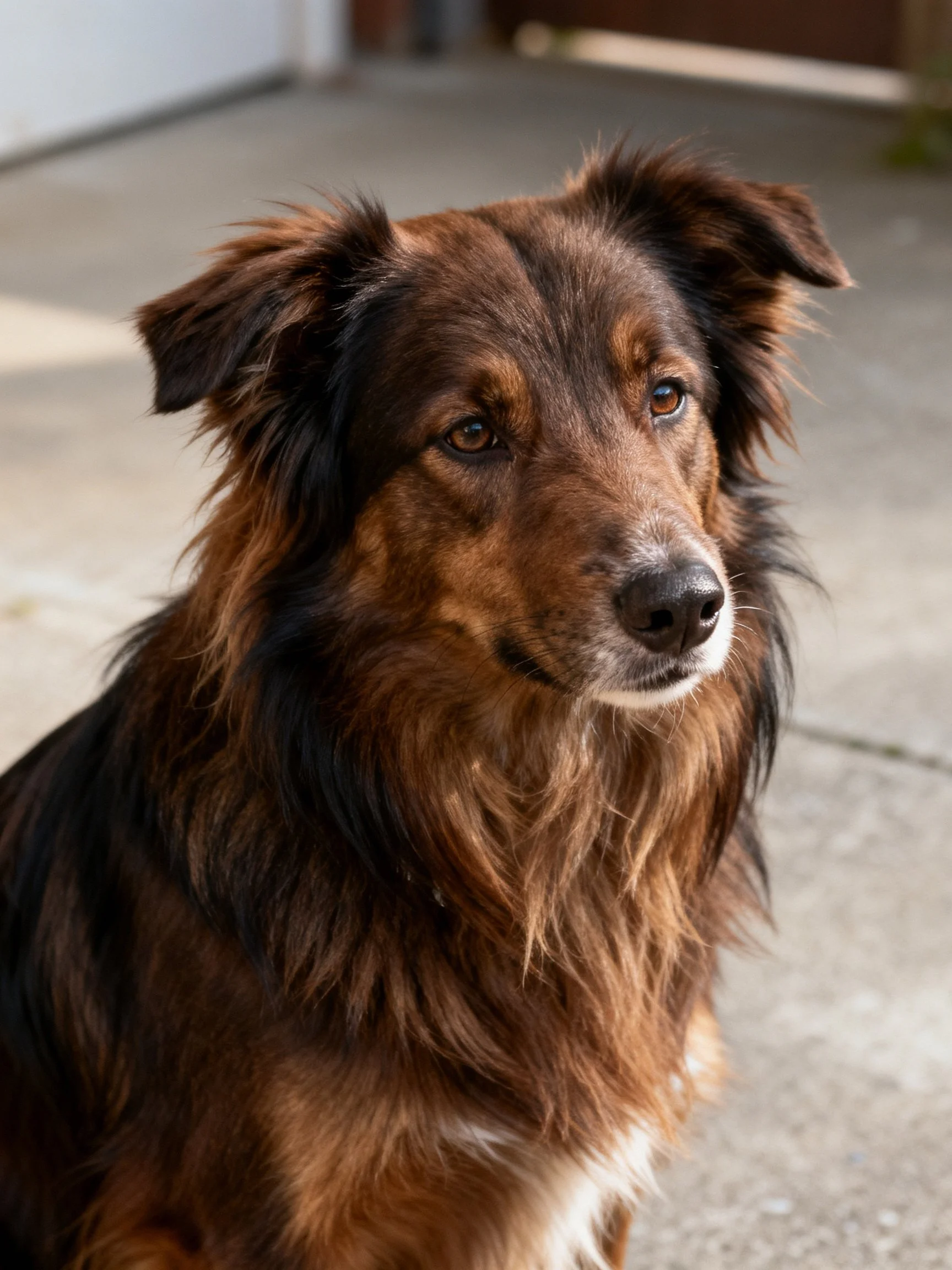 A brown and black long-haired dog sitting on a concrete surface