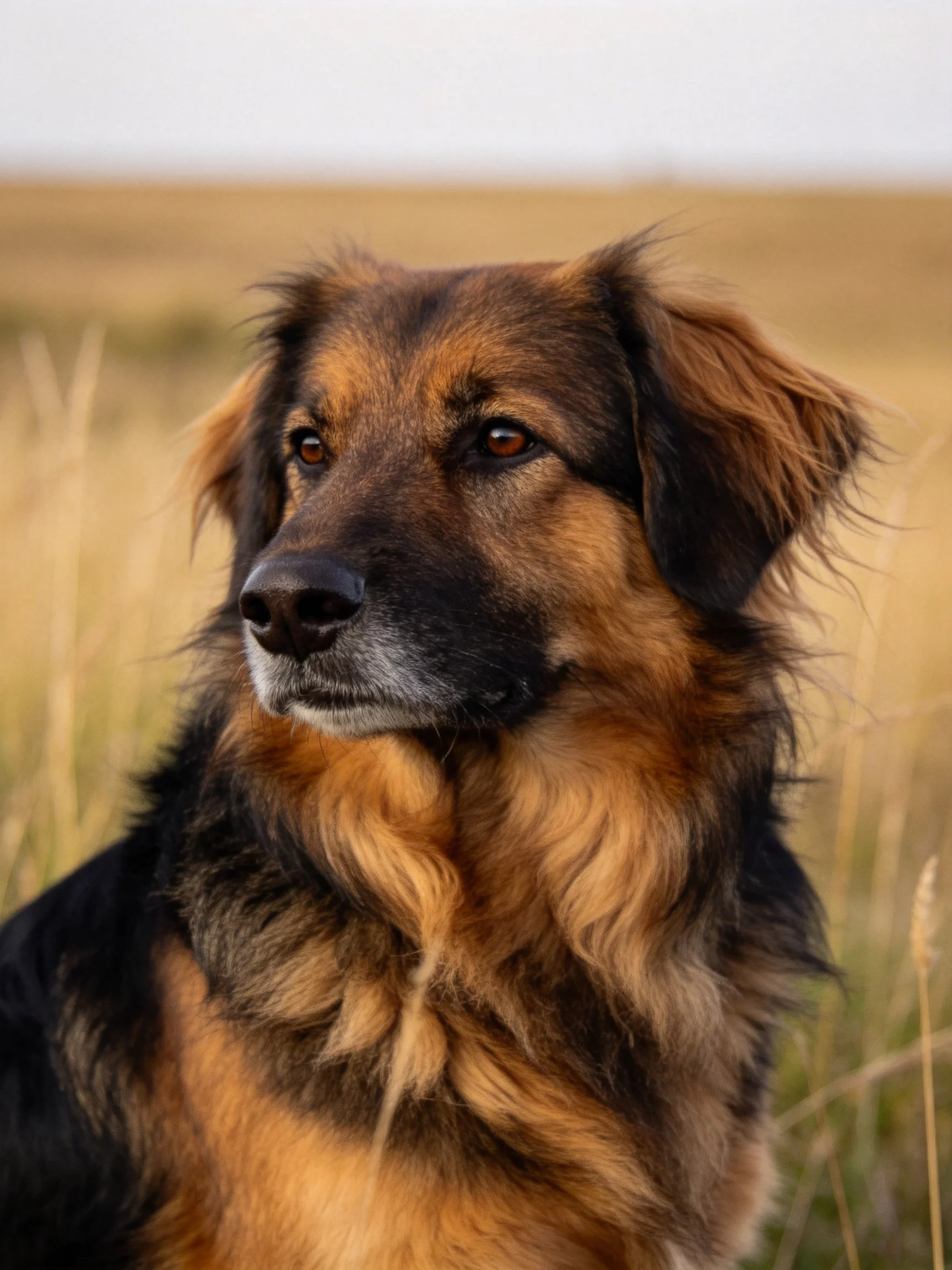 A brown and black mixed-breed dog in golden grasslands