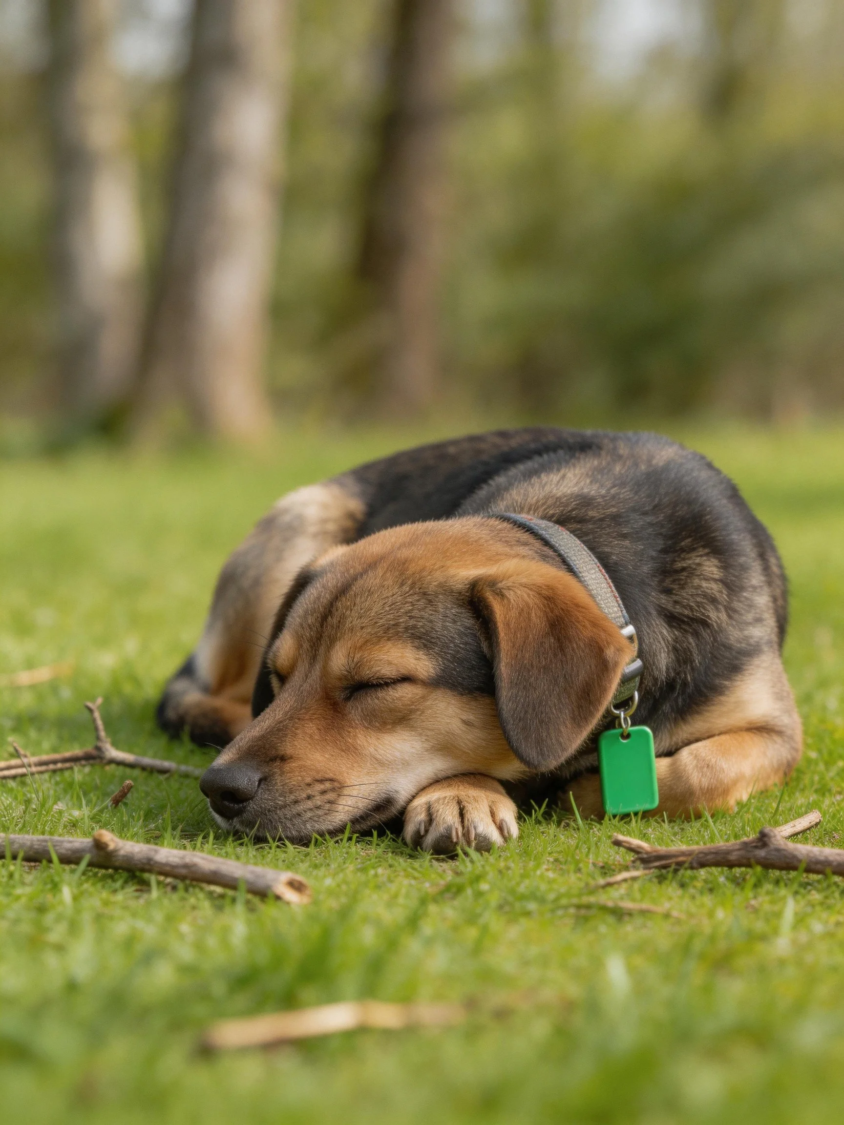 A brown and black mixed - breed dog naps on lush grass with trees behind