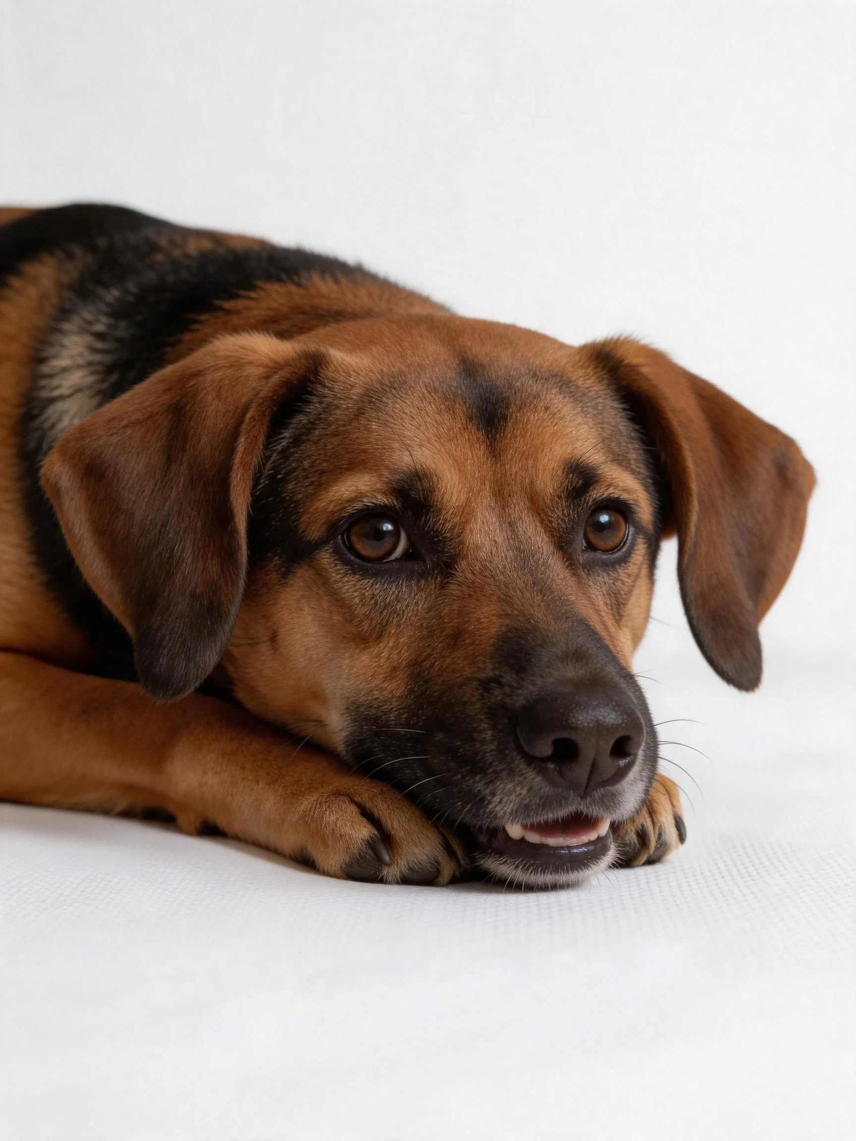A brown and black mixed-breed dog resting on a white surface
