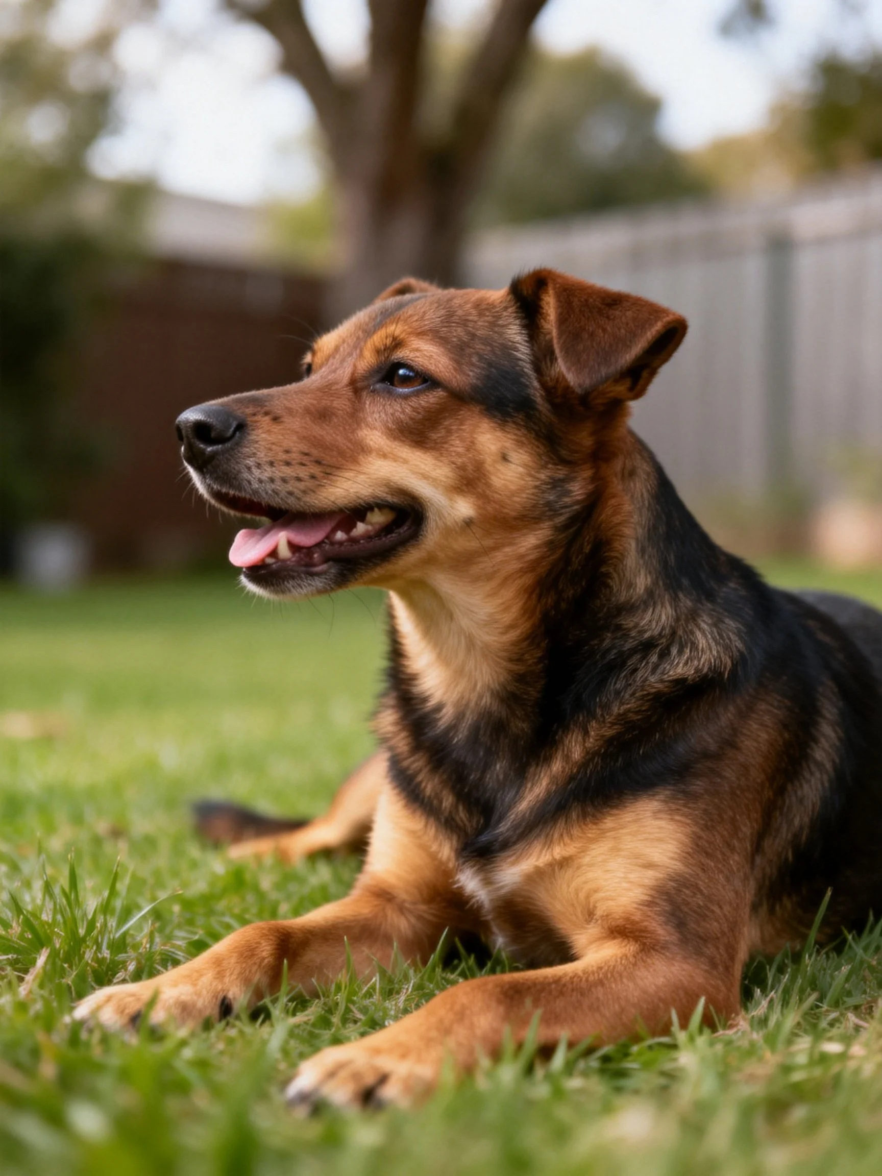 A brown and black mixed - breed dog rests on green grass in a backyard