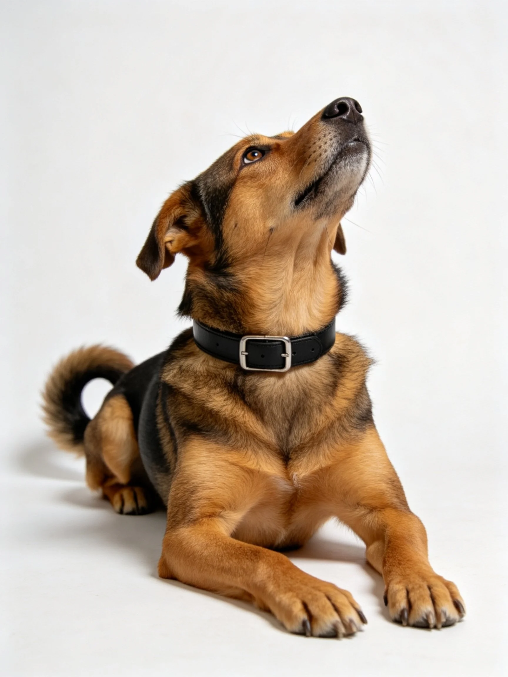 A brown and black mixed - breed dog with a black collar lies gazing upward.