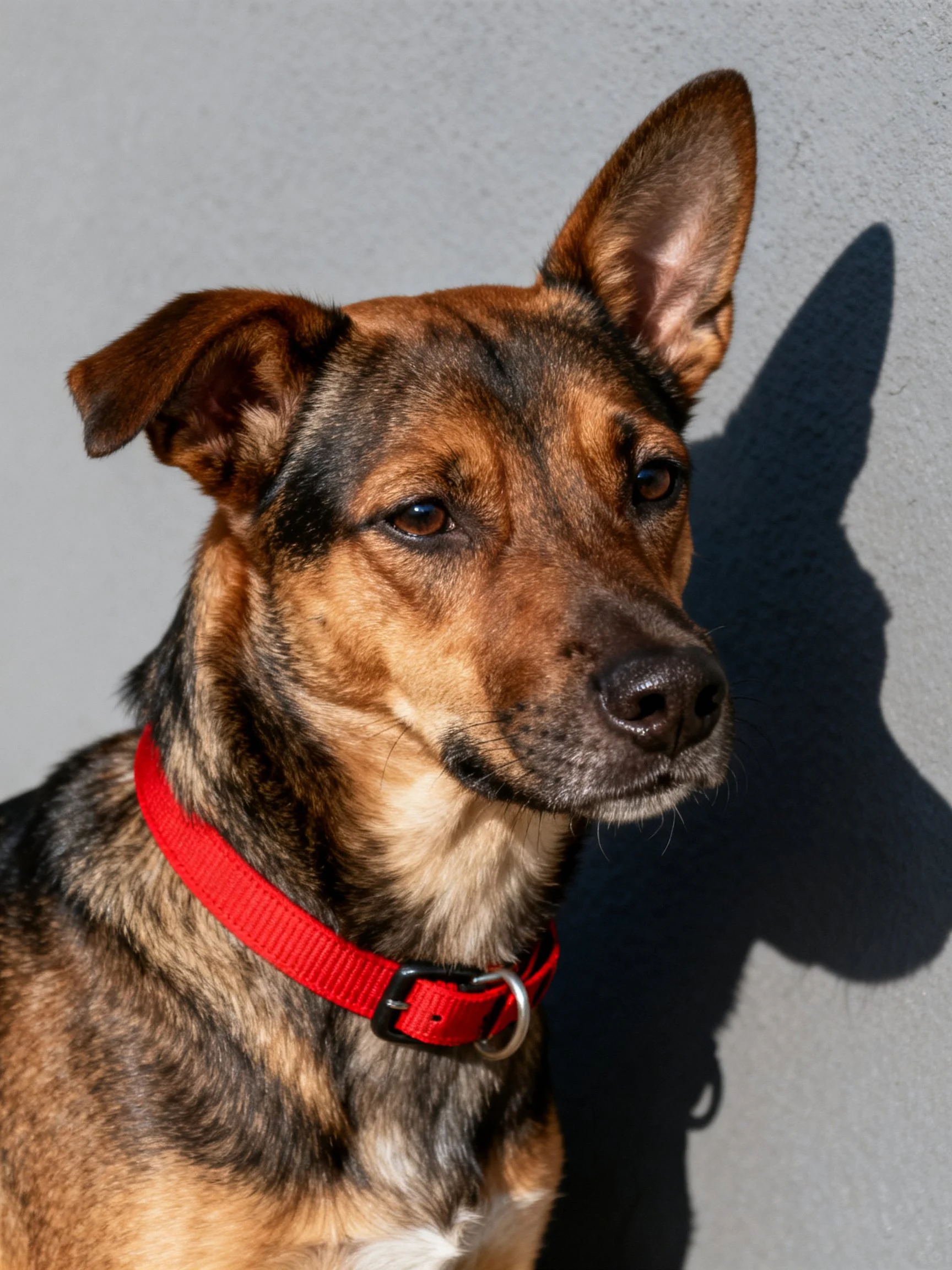 A brown and black mixed-breed dog with a bright red collar beside a gray wall