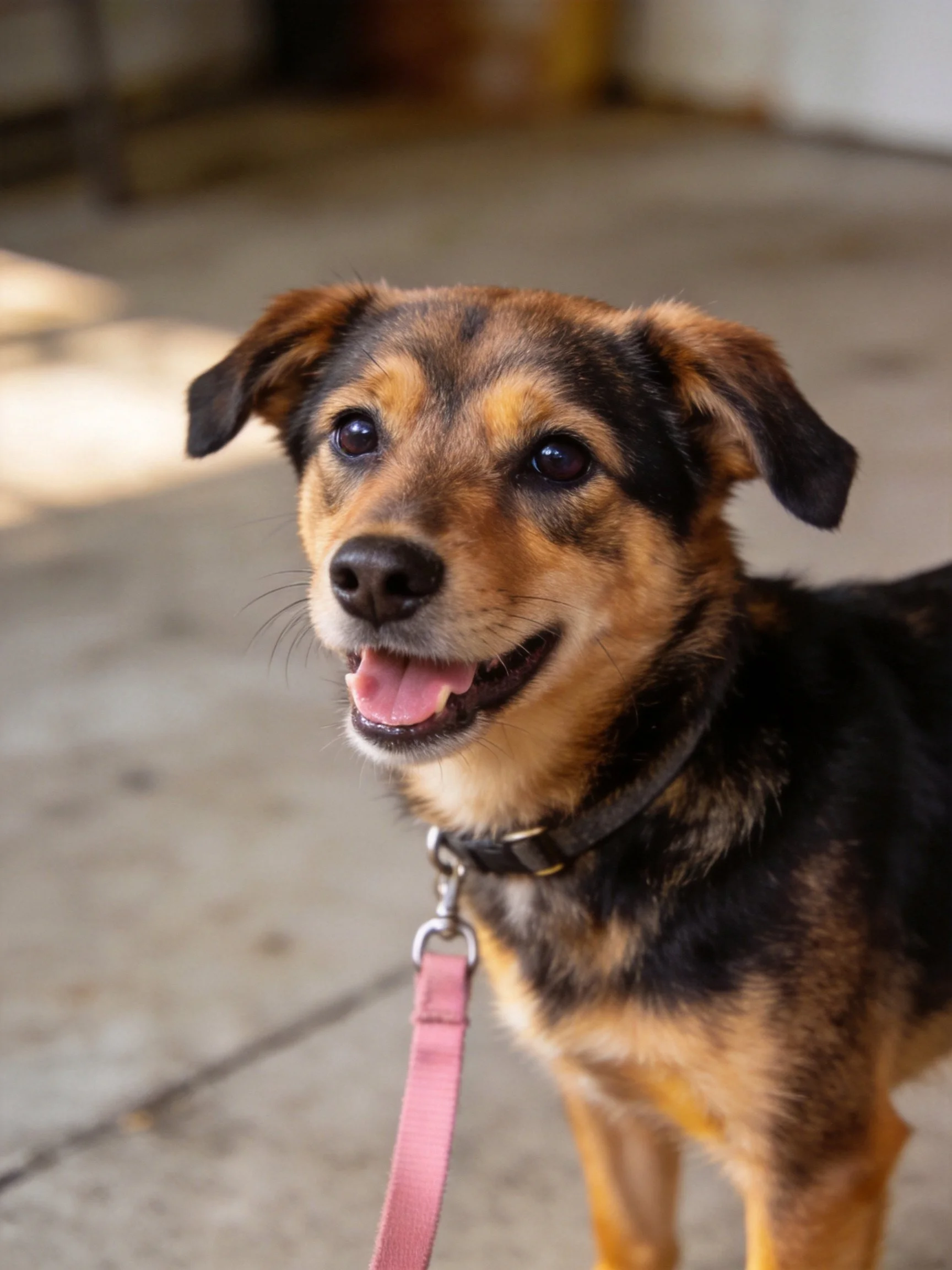 A brown and black mixed-breed dog with a pink leash