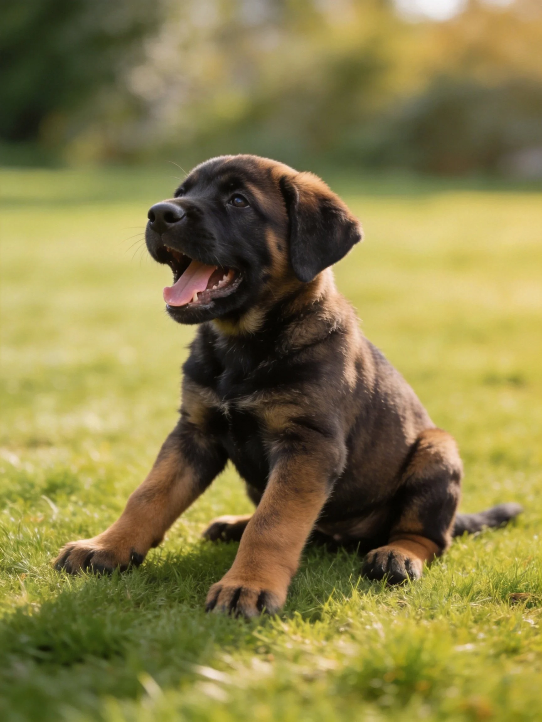 A young brownand black puppy sits happily on grass outdoors.