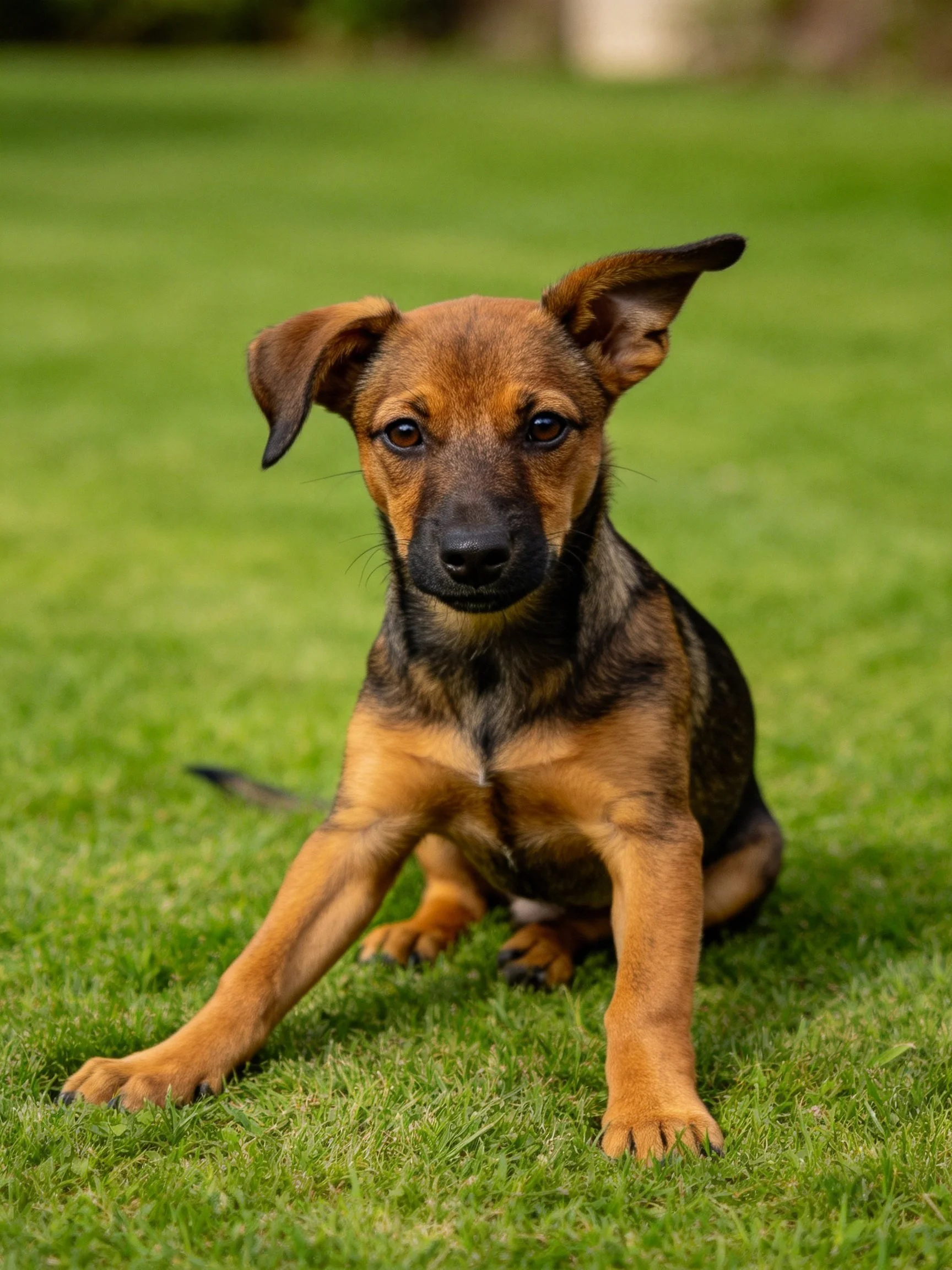 A young dog with brown and black fur sits calmly on green grass.