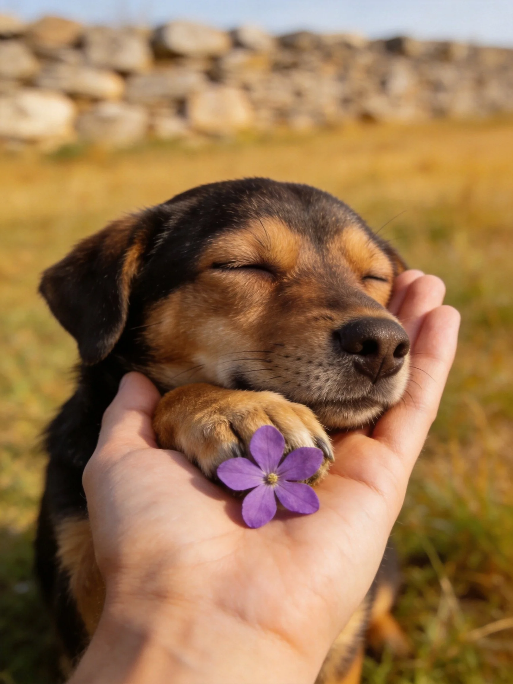 A small dog rests peacefully with a purple flower in a hand in an outdoor setting.