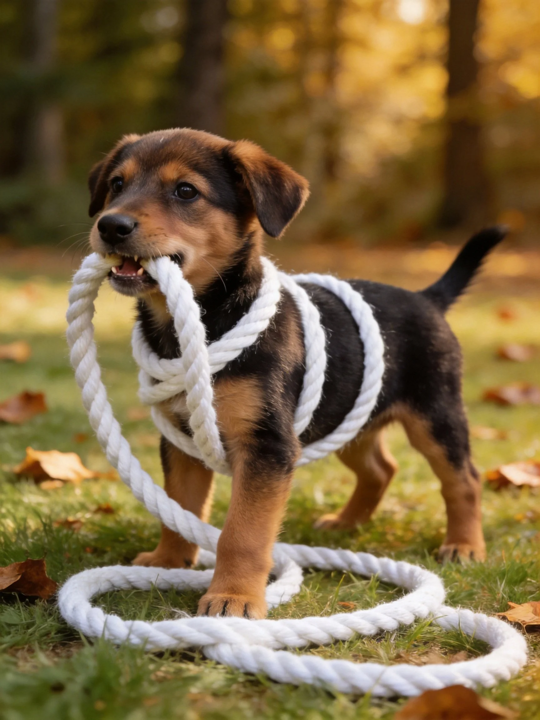 A small dog plays with a large white rope in an outdoor setting.