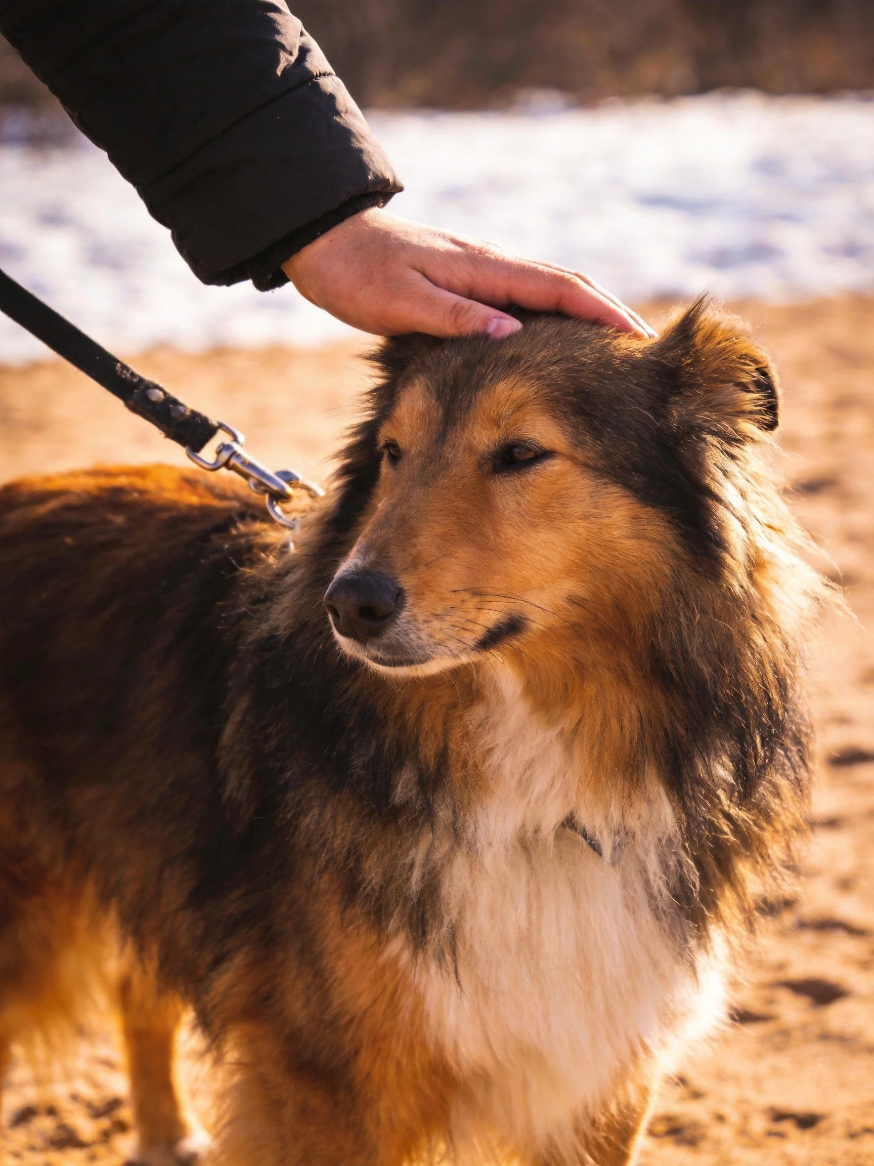 A shaggy brown and black dog is petted on sandy ground with nearby snow