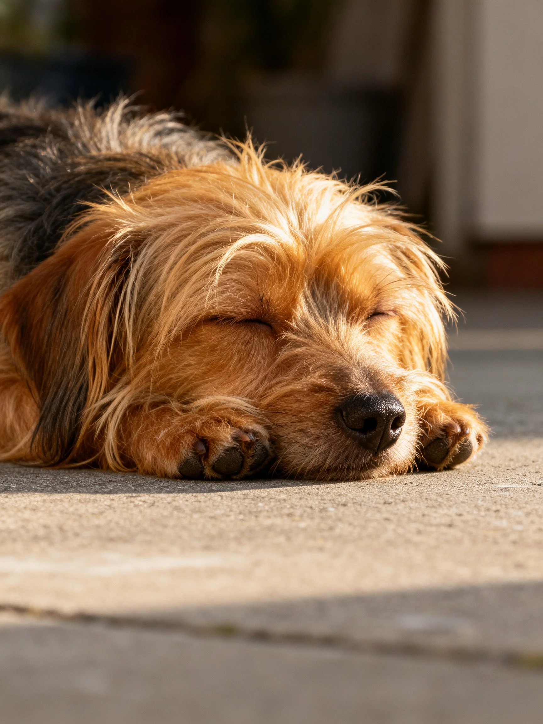A brown and black shaggy dog sleeps on a concrete path