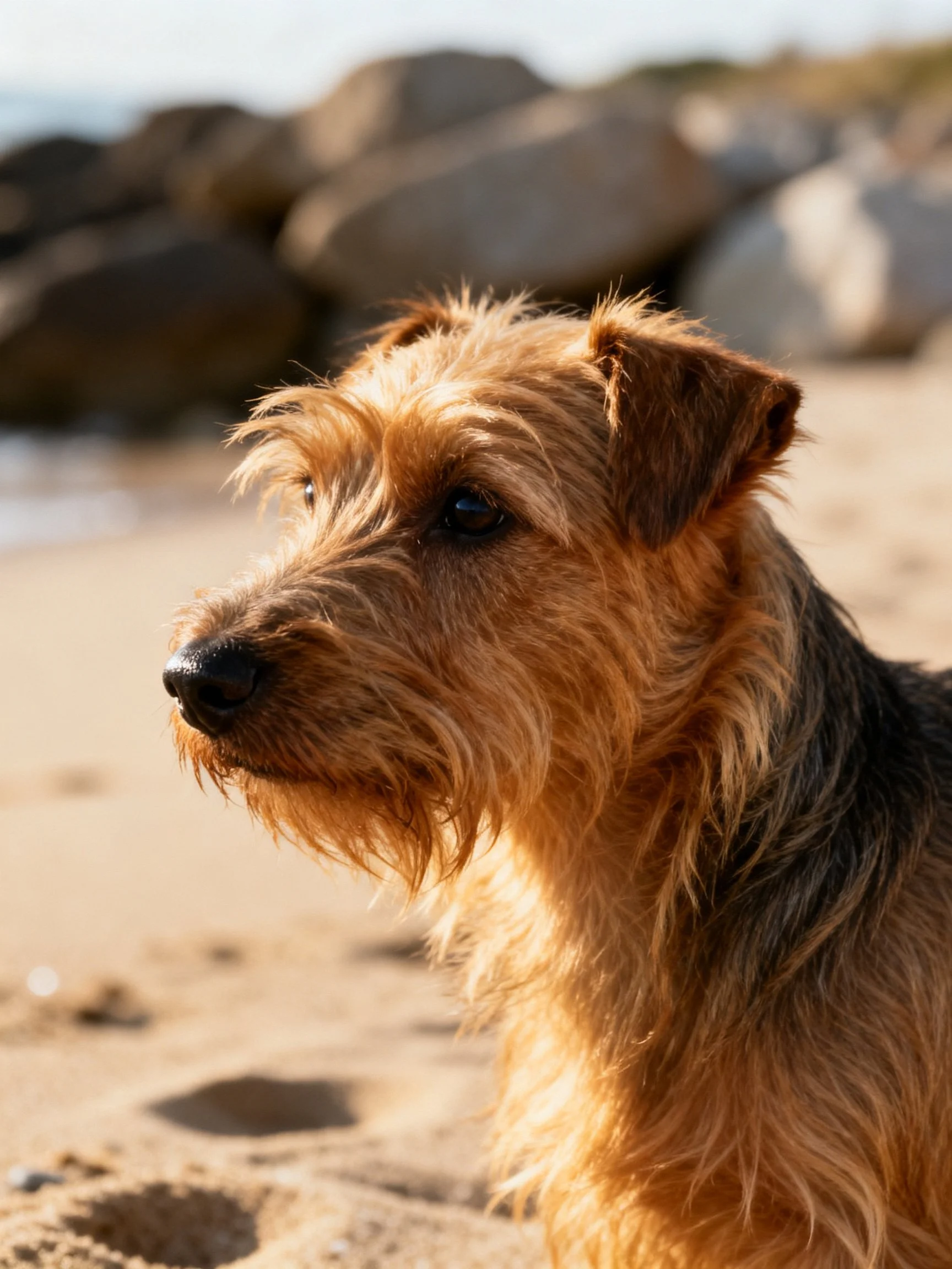 A brown and black terrier on a sandy beach with large rocks behind