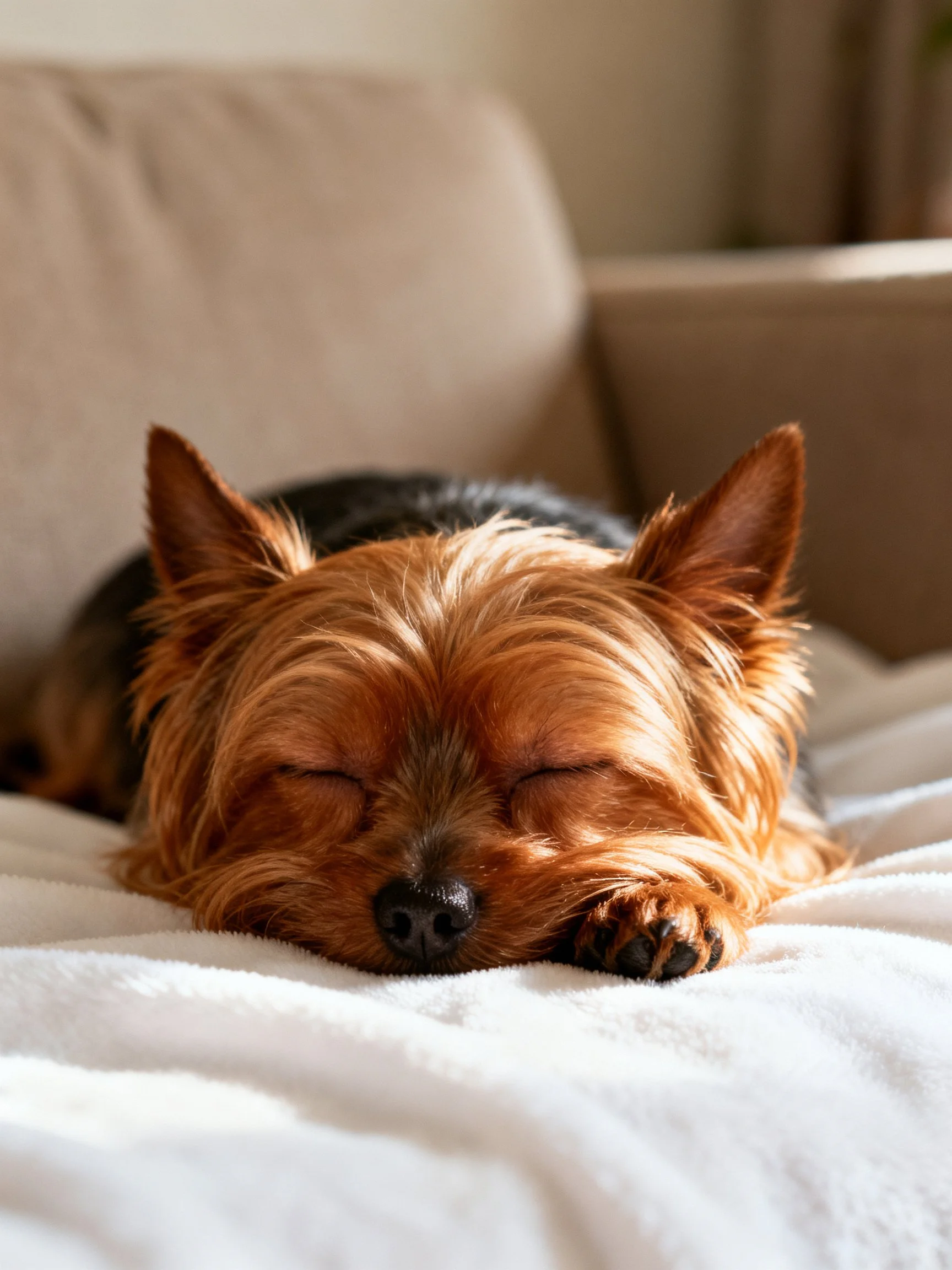 A small dog sleeps peacefully on a white blanket.