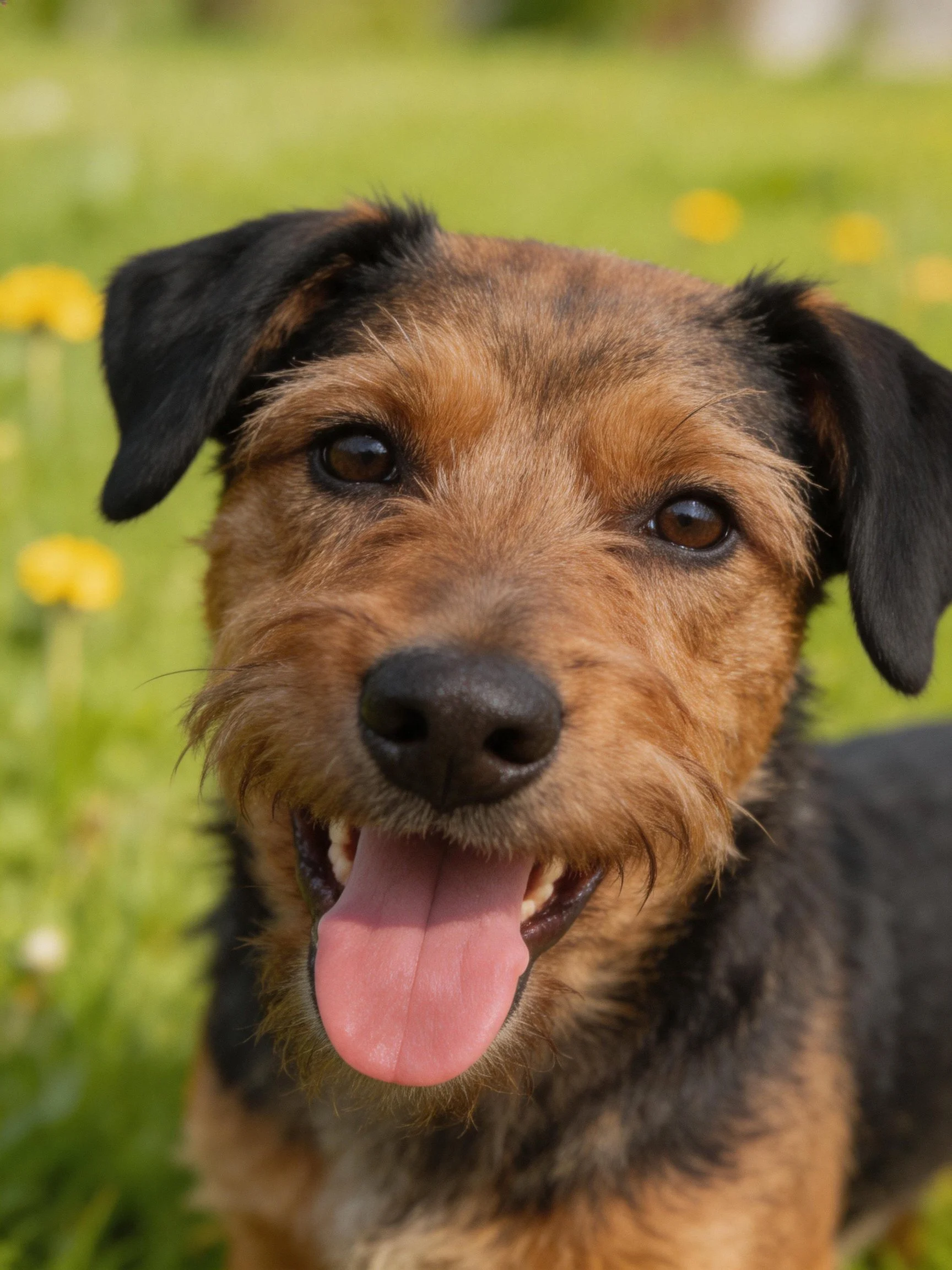 A brown and black terrier smiling in a flower-filled meadow
