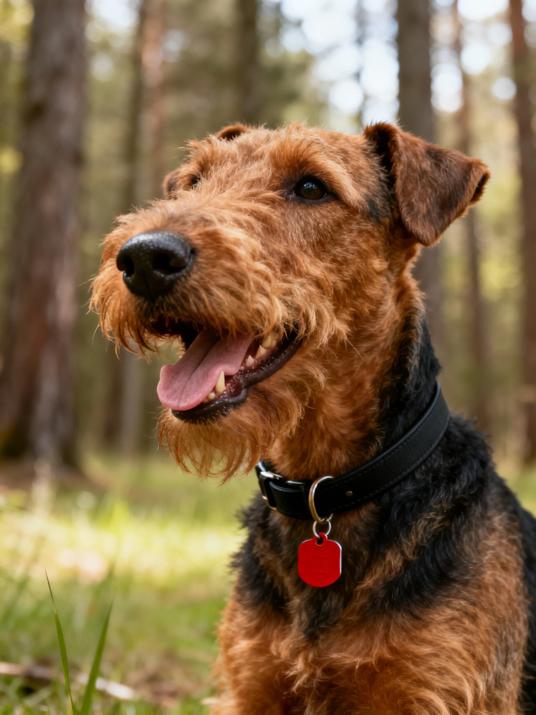A brown and black terrier with a red tag in a forested environment