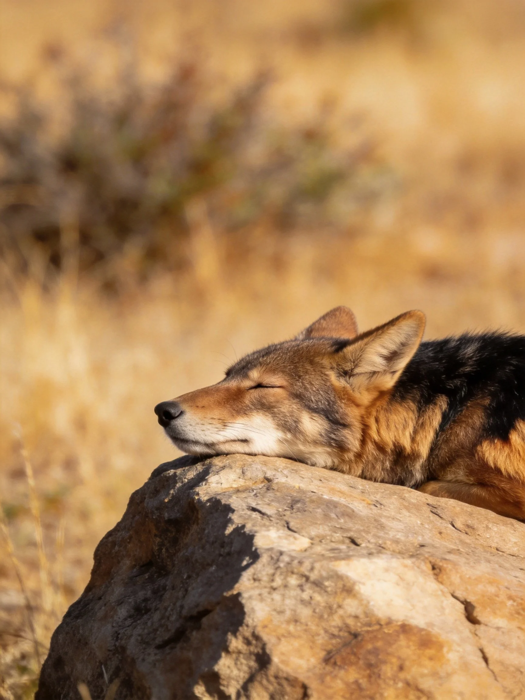 A brown and black wild dog napping on a large rock in a dry, golden field