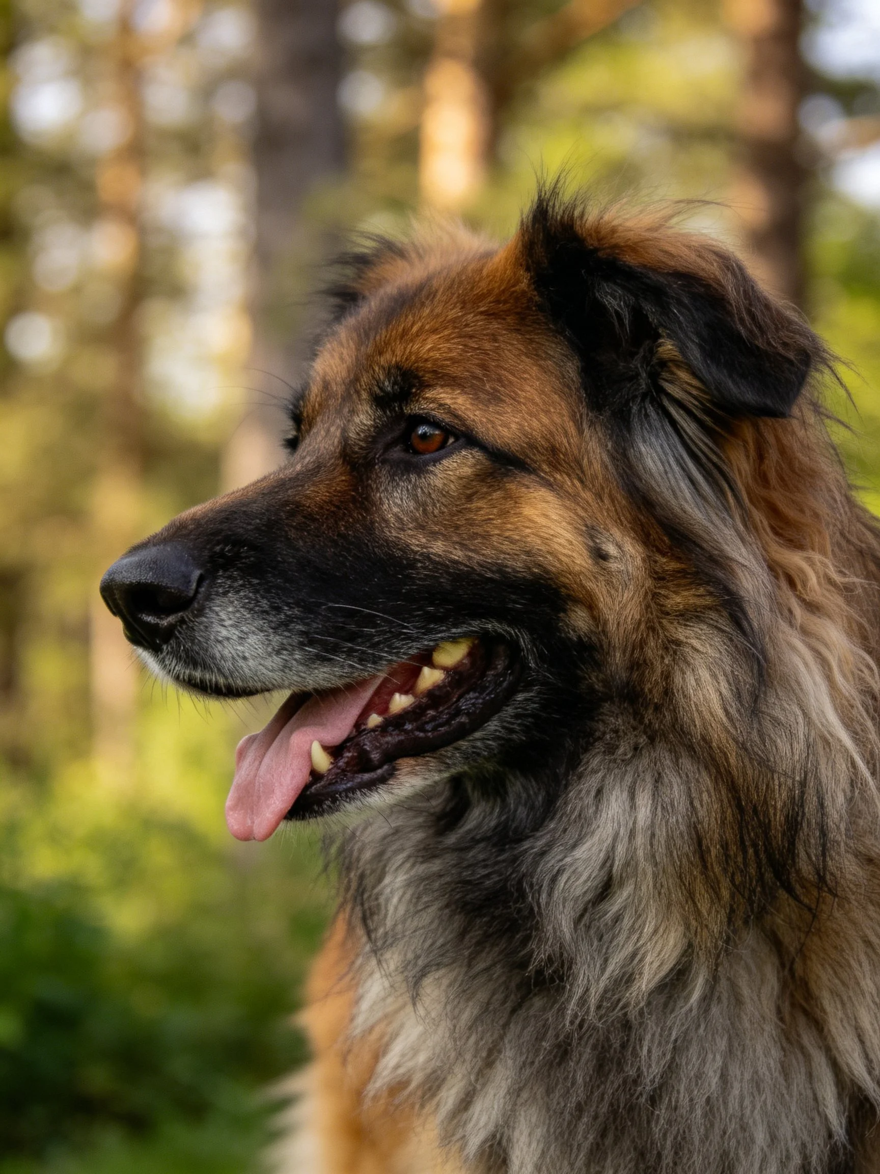 A brown and gray long-haired dog in a sunlit forest
