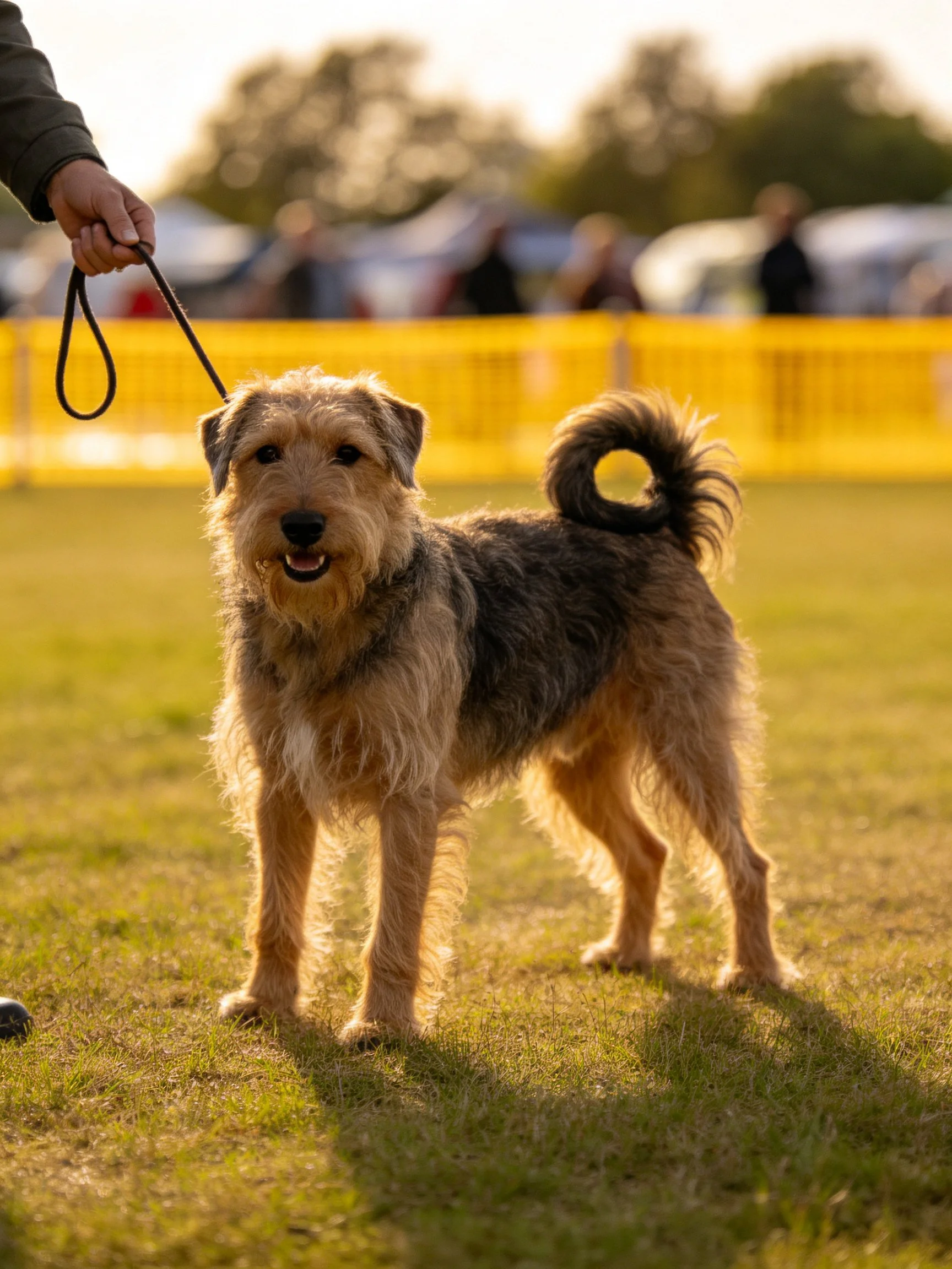 A brown and gray terrier on a leash near a yellow fence