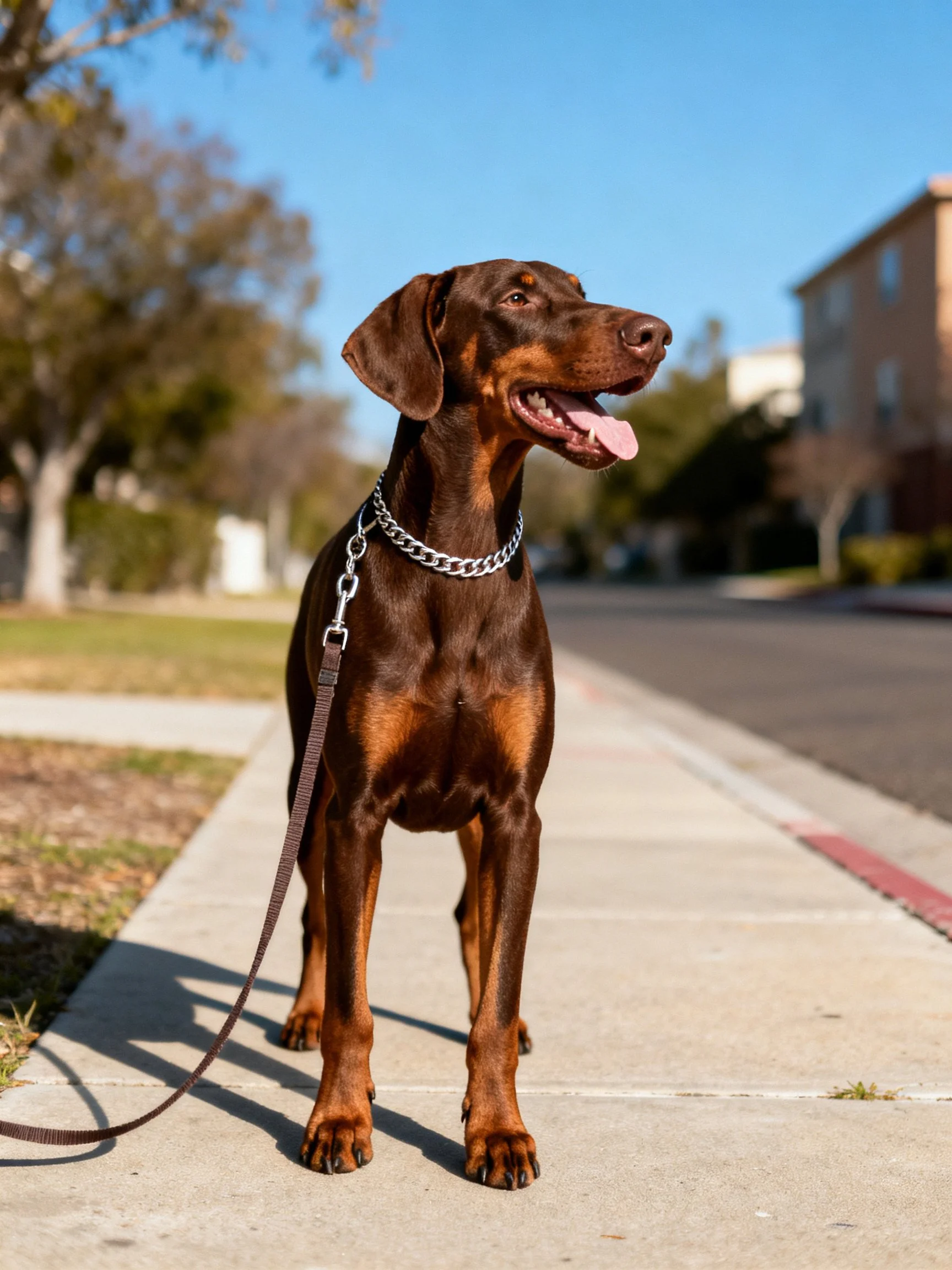 A brown and tan Doberman stands on a sunlit sidewalk