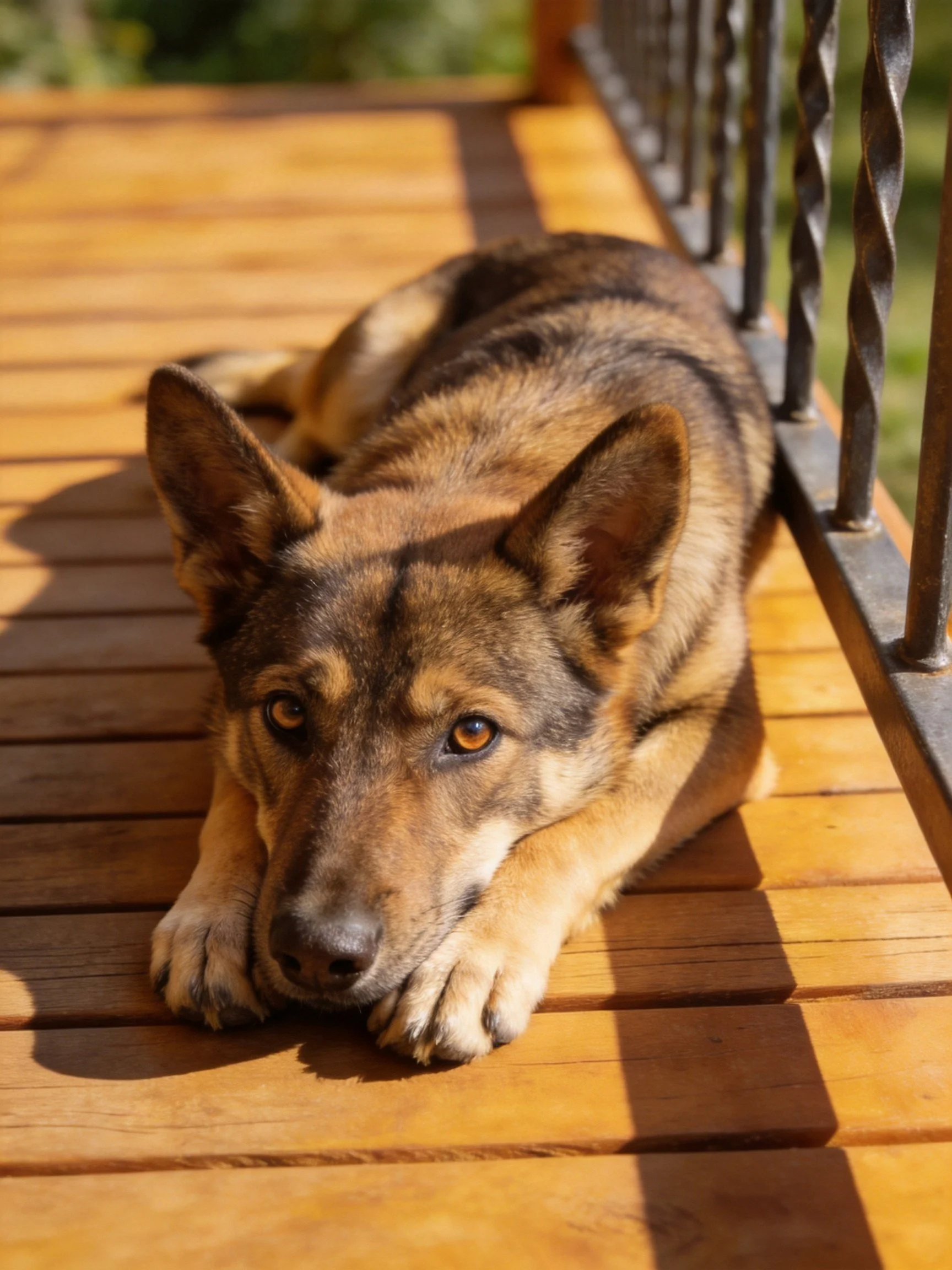 A brown and tan dog rests on a polished wooden deck near twisted metal railings