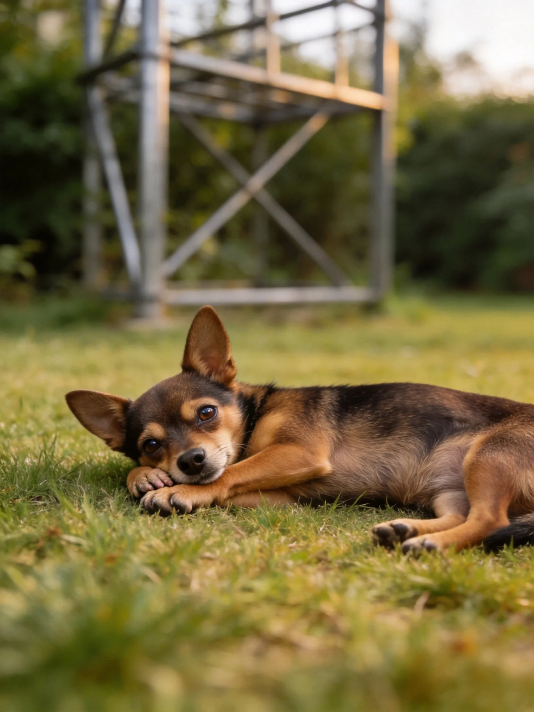 A small dog relaxes on grass with a metal structure in the background.