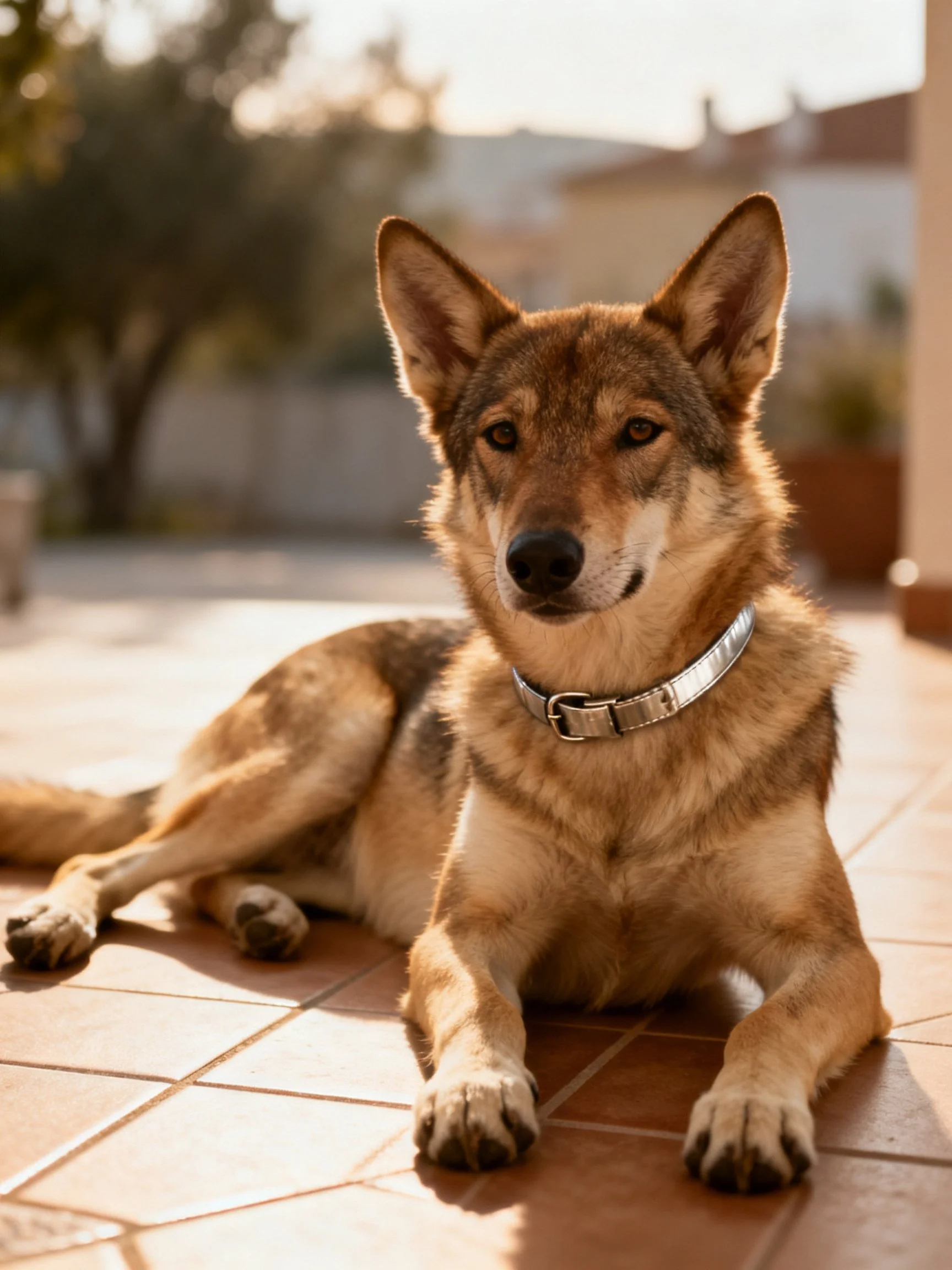 A brown and tan dog rests on terracotta tiles in warm sunlight