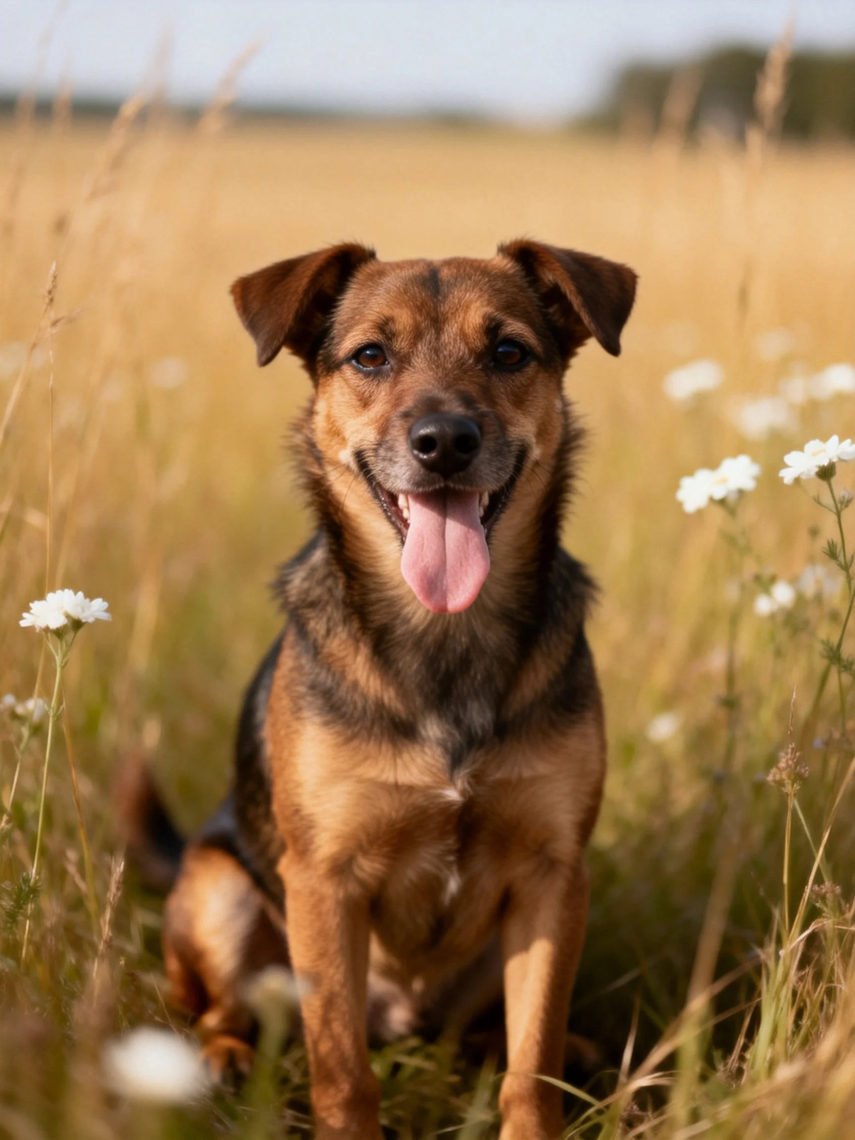 A happy dog enjoys a sunlit meadow filled with tall grass and flowers.