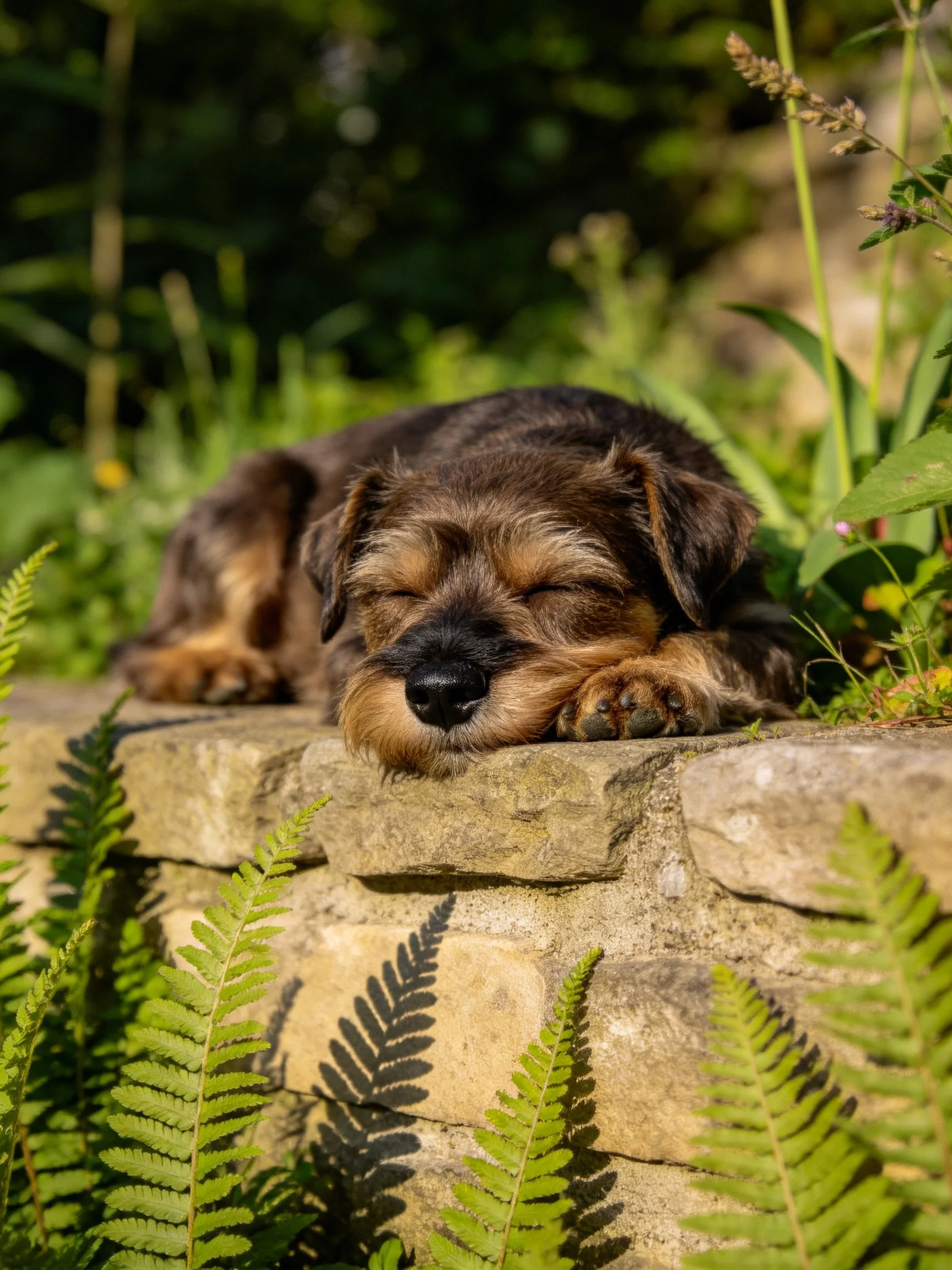 A small dog sleeps peacefully on a stone ledge among greenery.