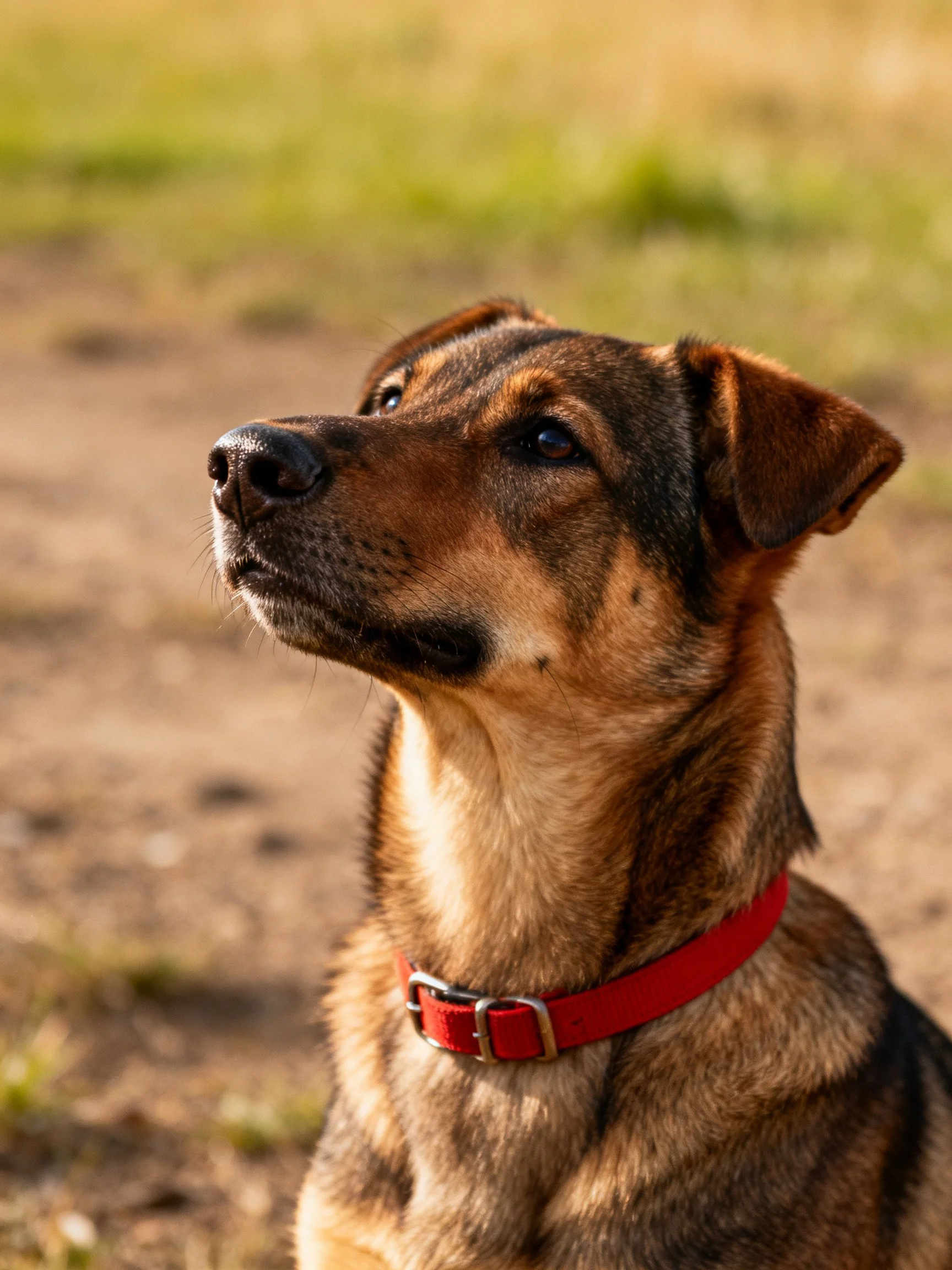 A brown and tan dog with a red collar gazes upward in an outdoor environment.