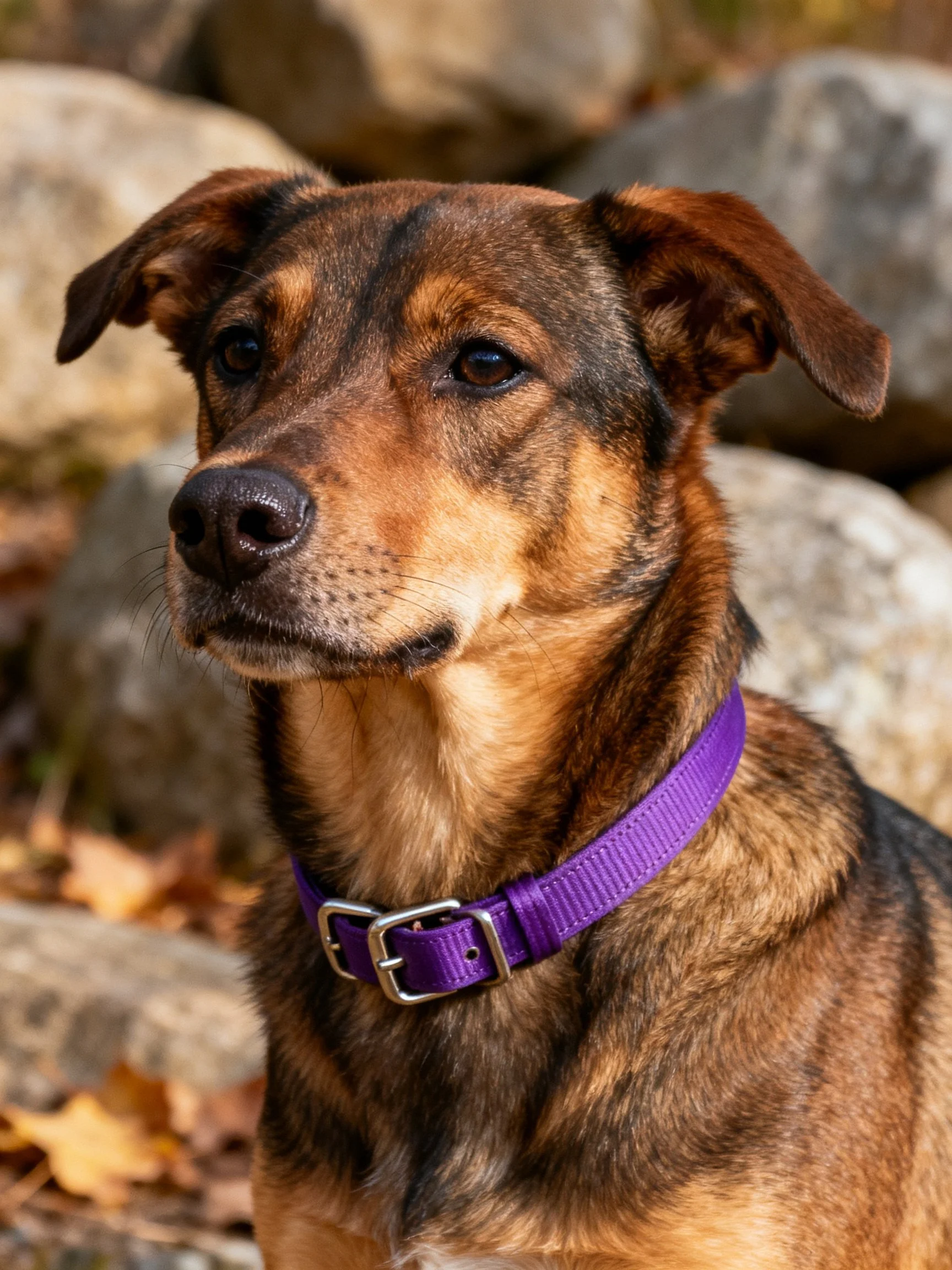 A brown and tan dog with a purple collar sits near large rocks.