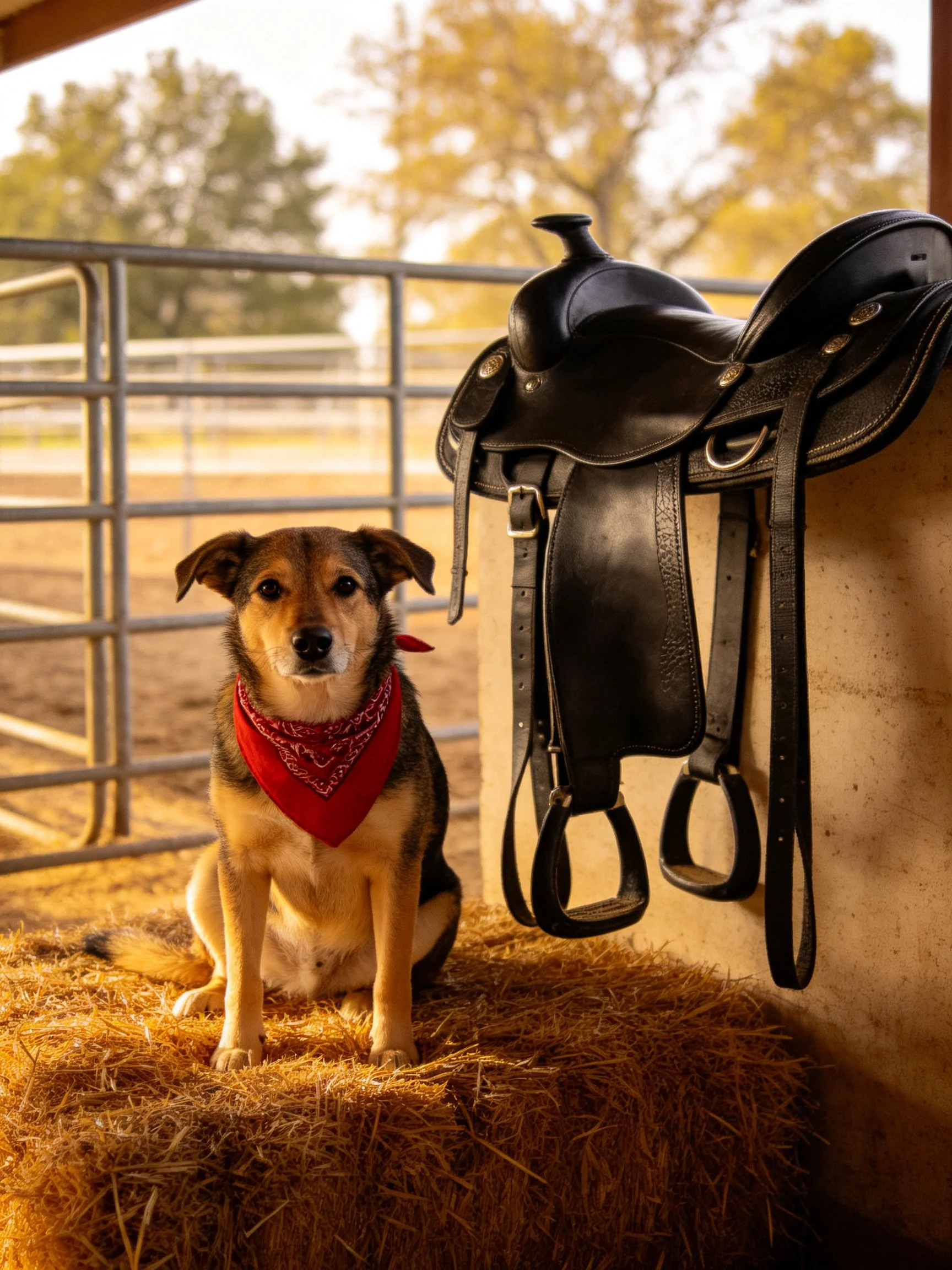 A brown and tan dog with a red bandana sits on hay beside black leather saddles