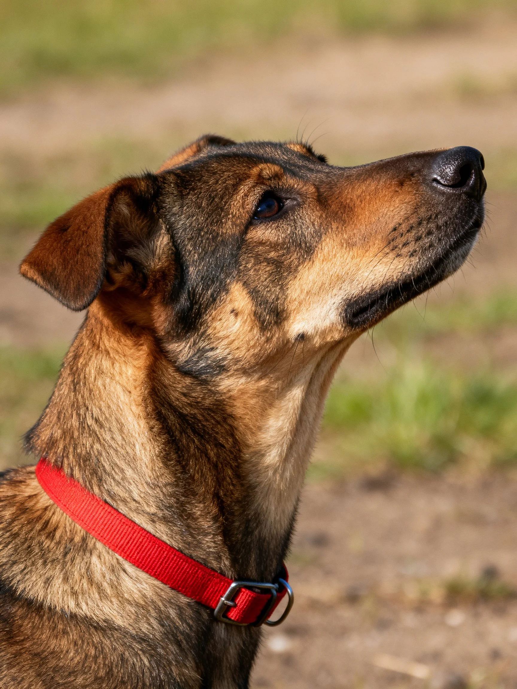 A brown and tan dog with a red collar gazes upward outdoors
