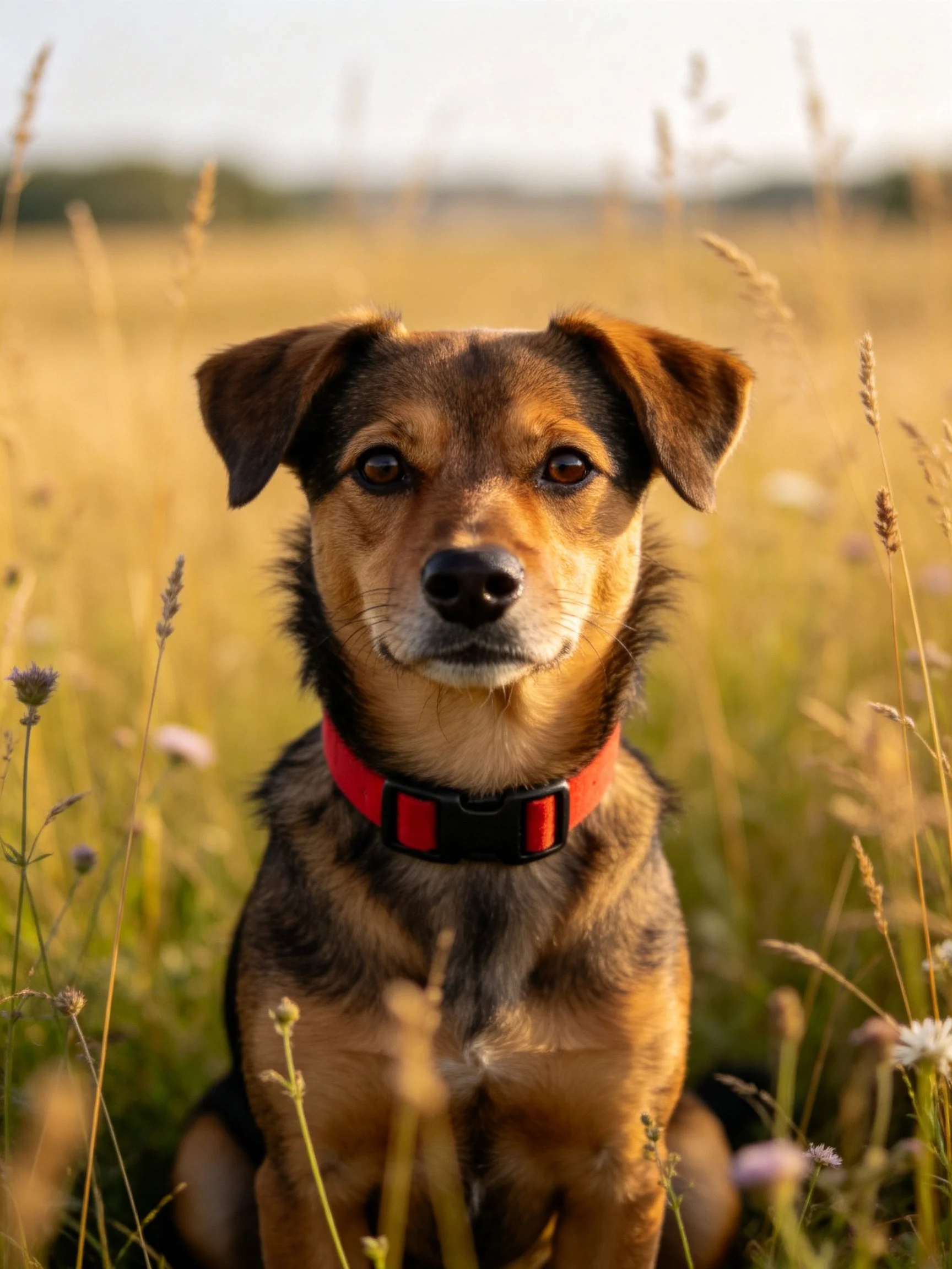 A brown and tan dog with a red collar sits in a sunlit meadow of tall grass
