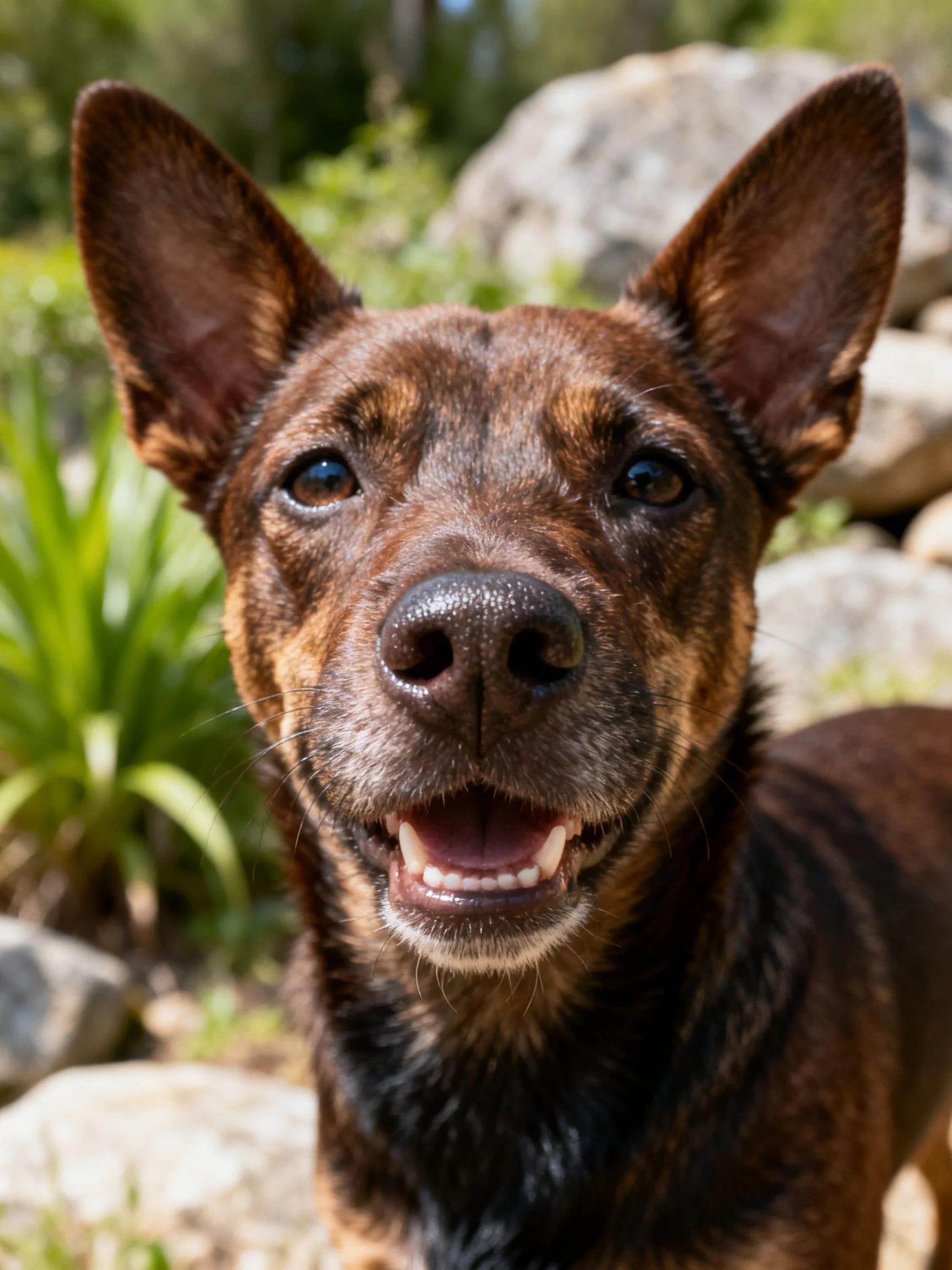 A brown and tan dog with upright ears near rocks and greenery