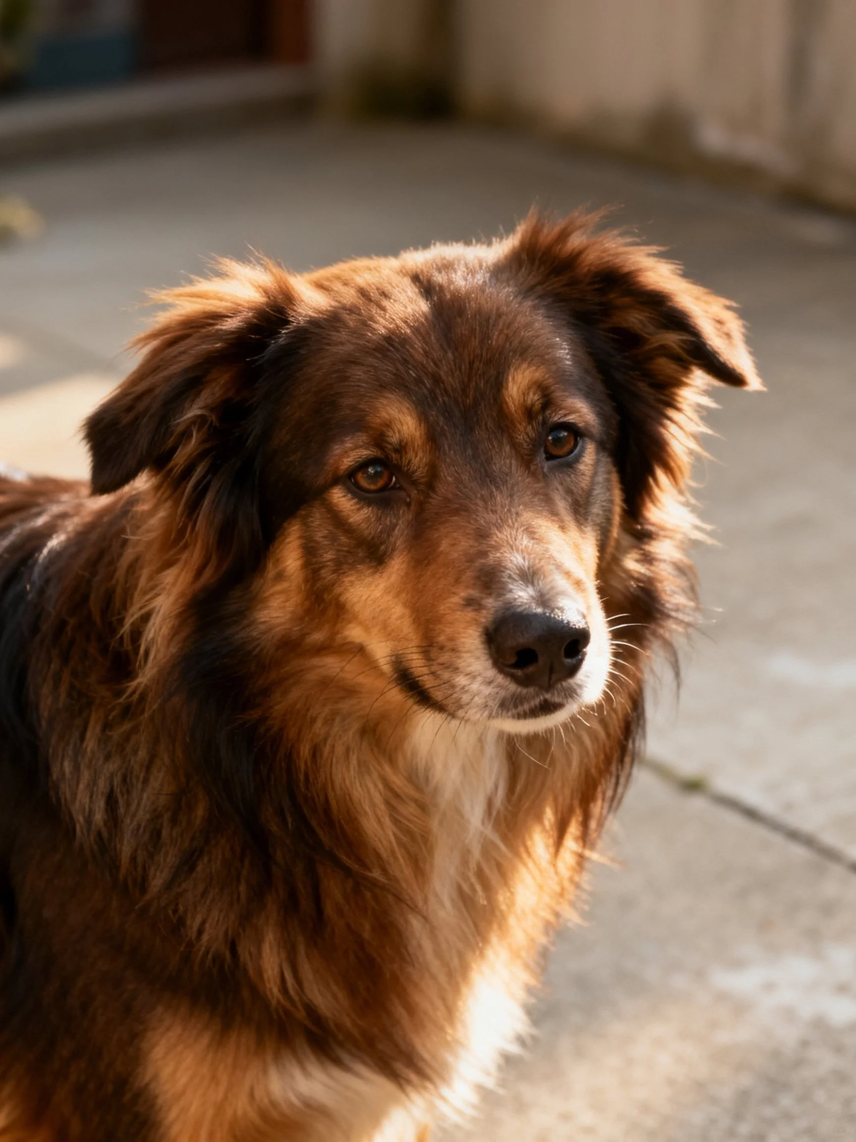 A brown and tan long-haired dog on a concrete surface