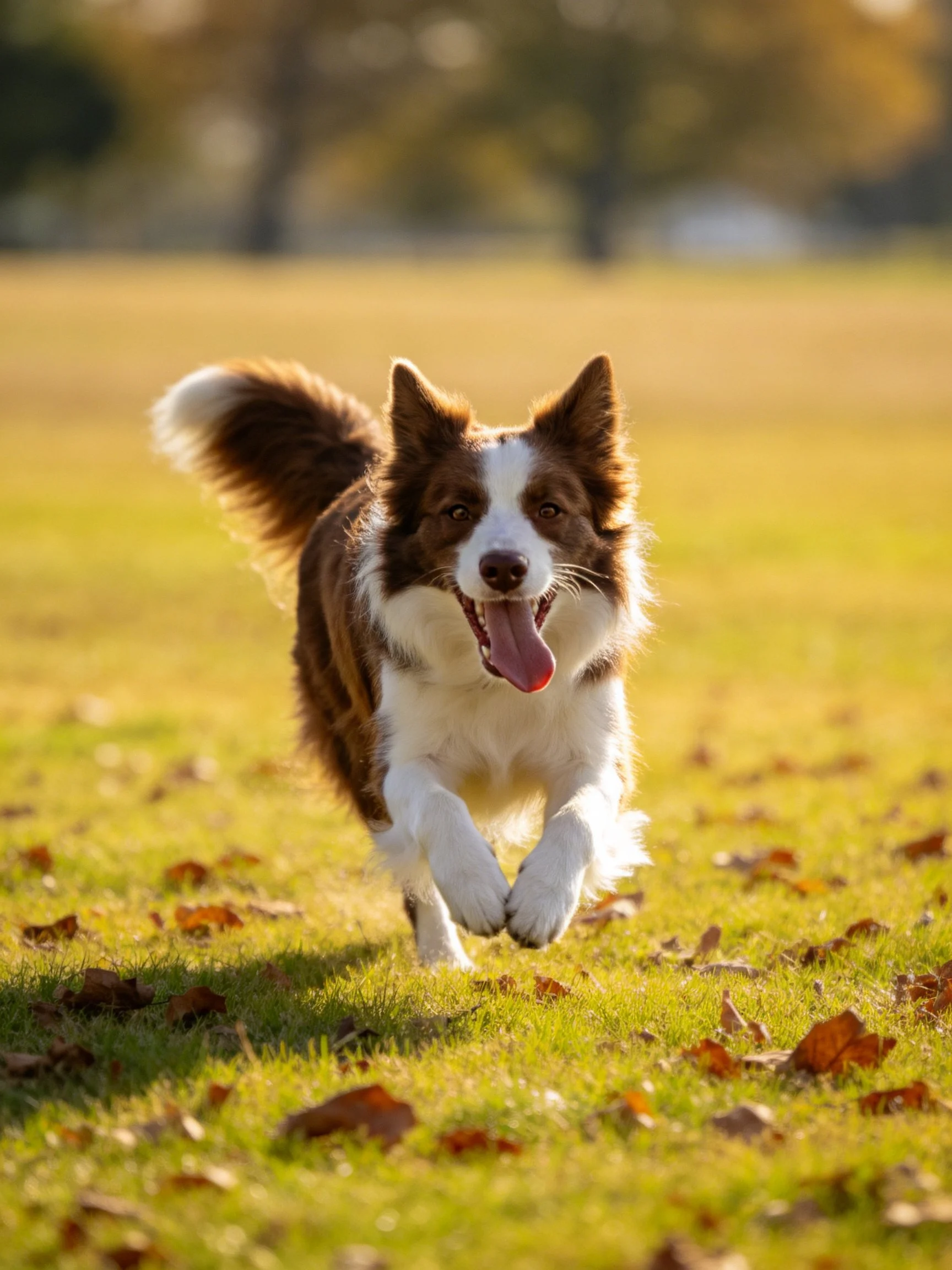 A brown and white Border Collie runs joyfully on grass scattered with fallen leaves.