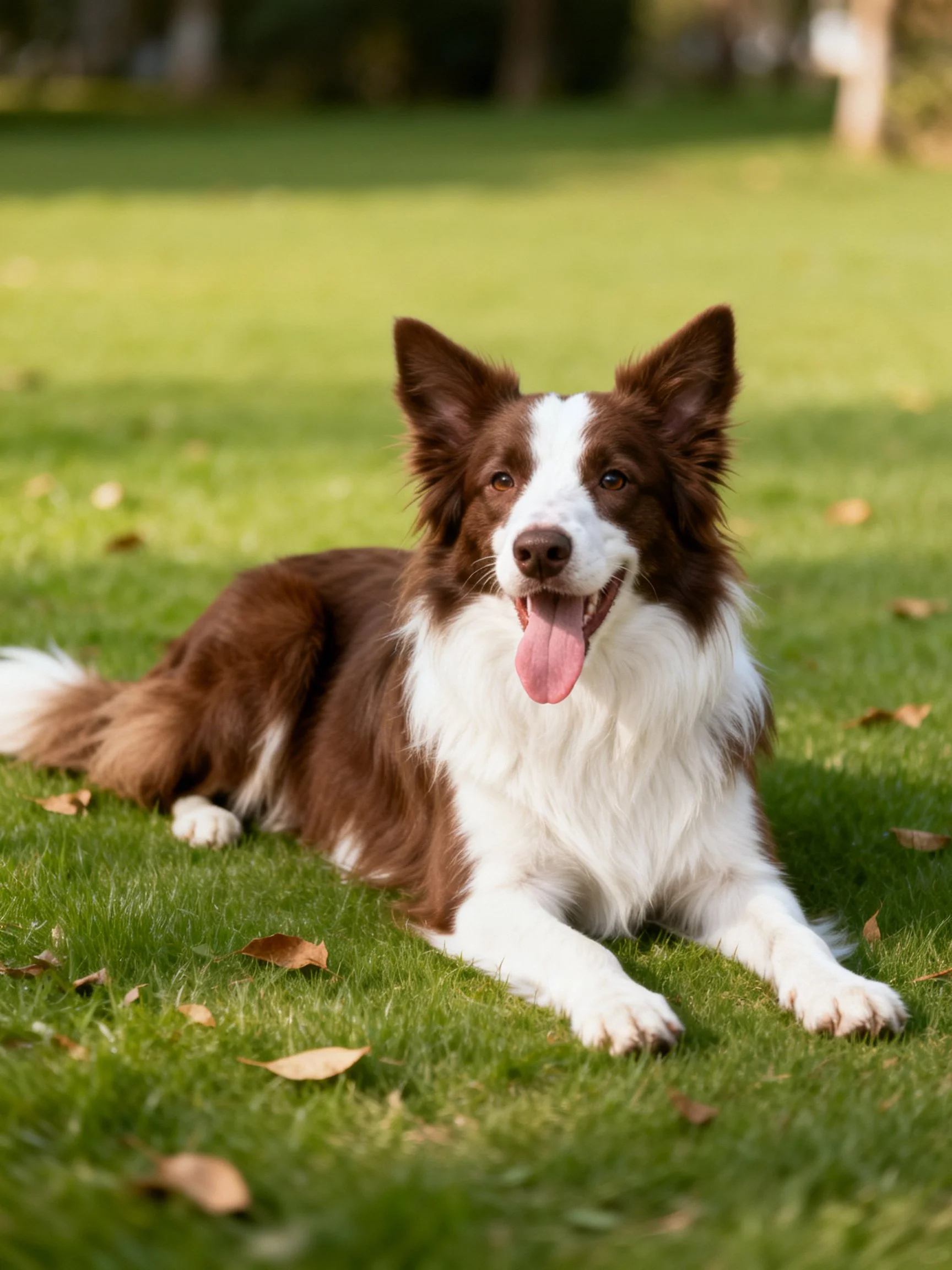 A brown and white Border Collie relaxes on grass in a sunlit outdoor area.