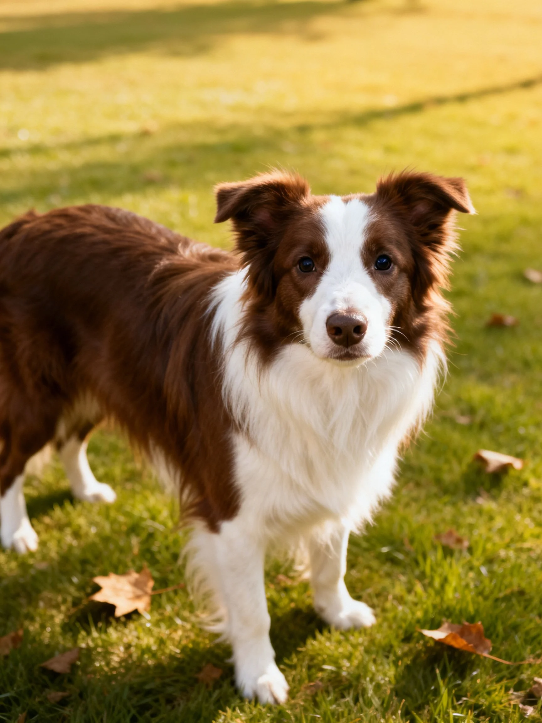 A brown and white Border Collie stands attentively on sunlit grass amid scattered autumn leaves.