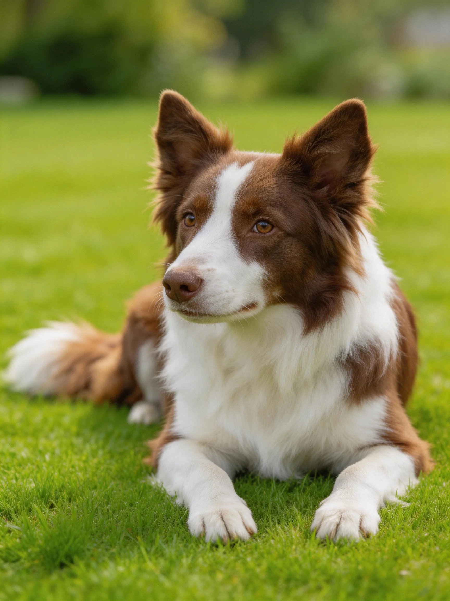 A brown and white Border Collie rests on lush green grass.