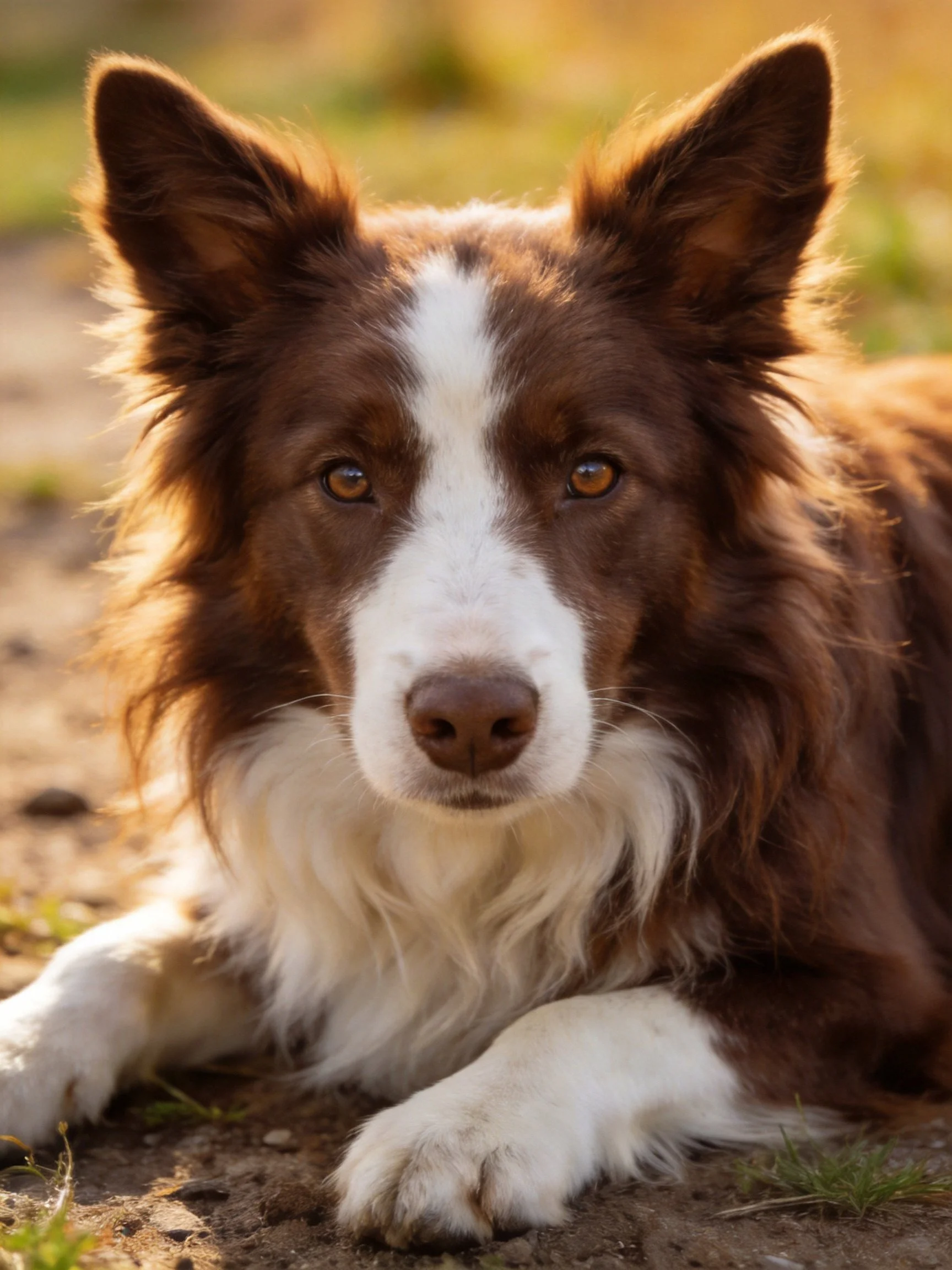 A brown and white Border Collie relaxes on dirt ground