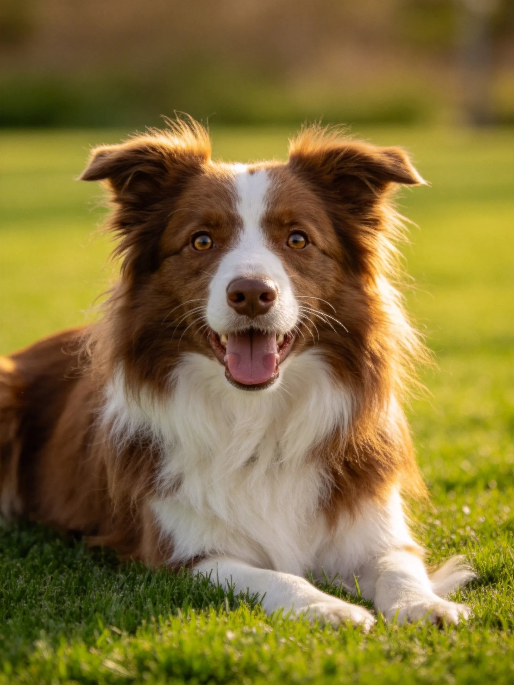 A brown and white Border Collie relaxes on green grassin sunny conditions.