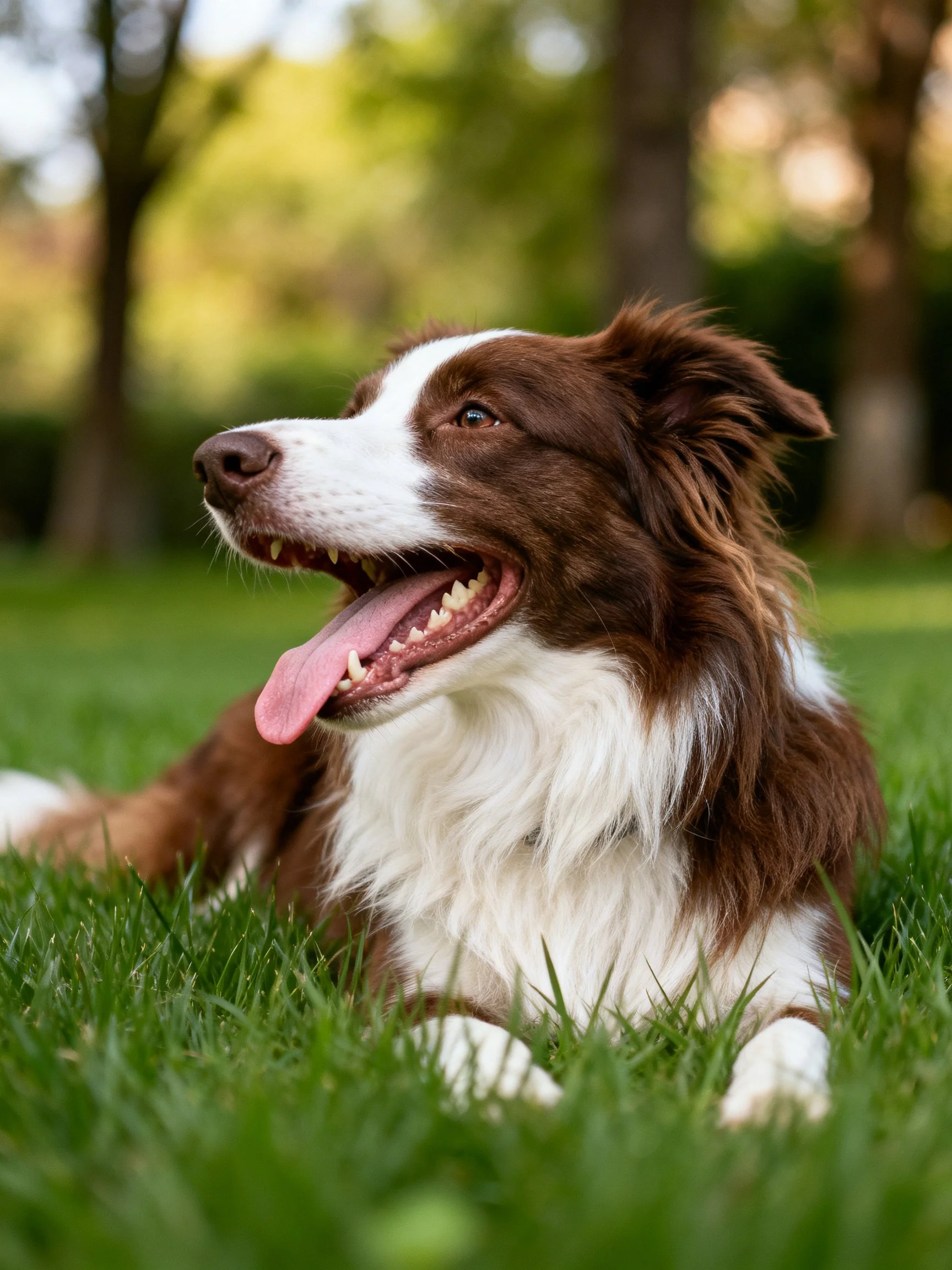 A brown and white Border Collie relaxes on green grass outdoors