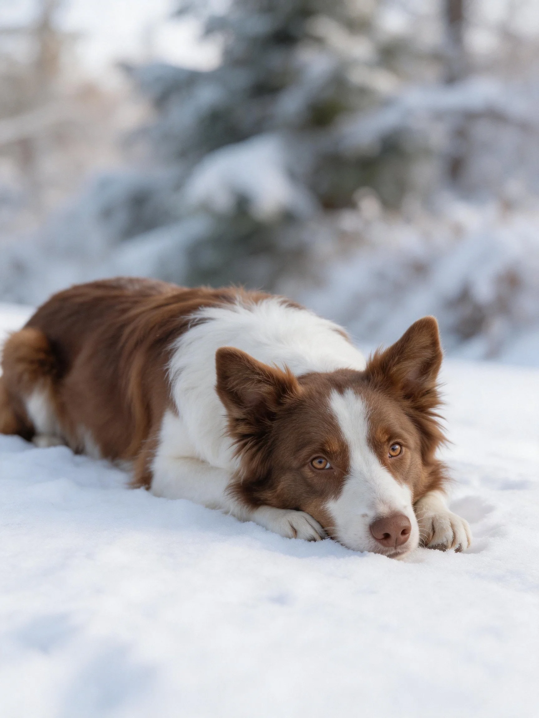A brown and white Border Collie lies on snow in a wintry landscape