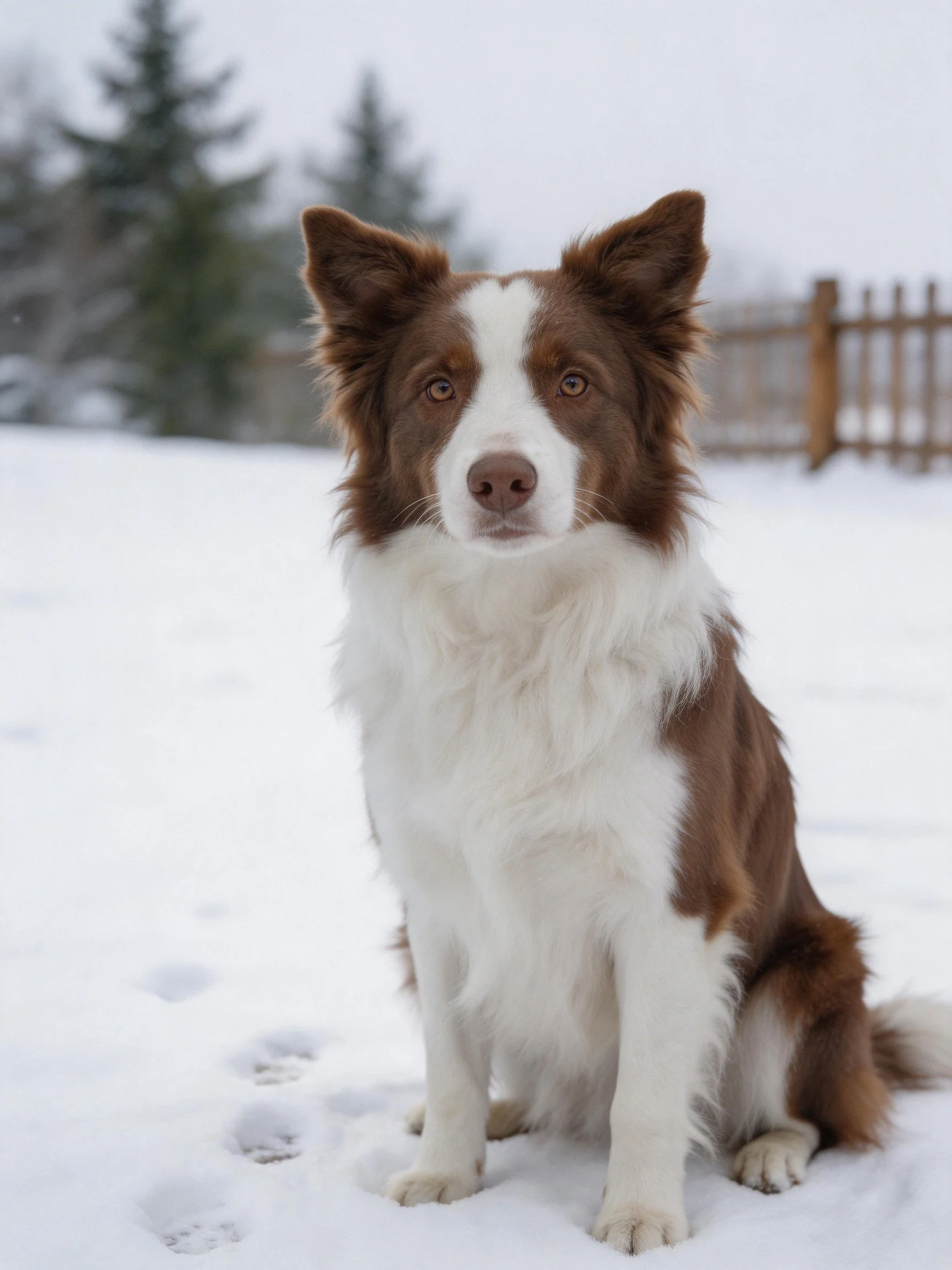 A brown and white Border Collie sits calmly in a snowy outdoor space