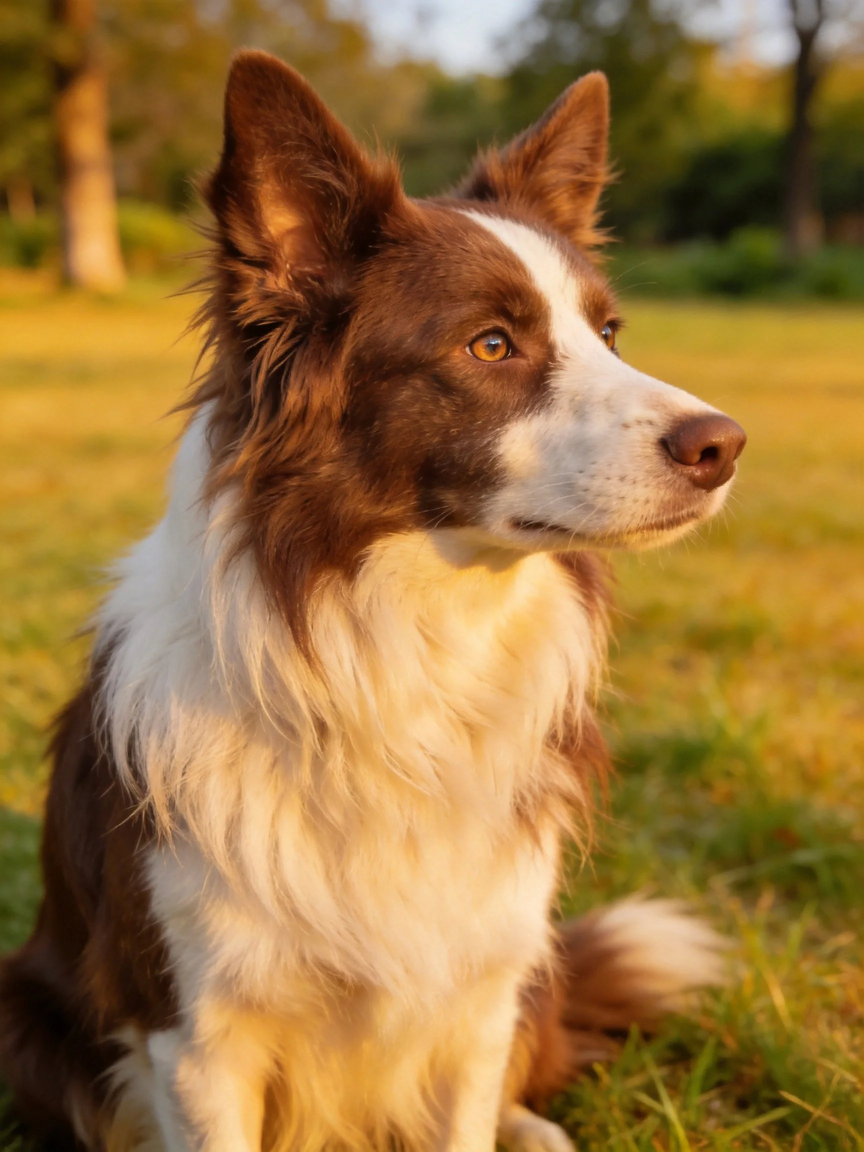 A brown and white Border Collie sits calmly in a sunlit grassy area.