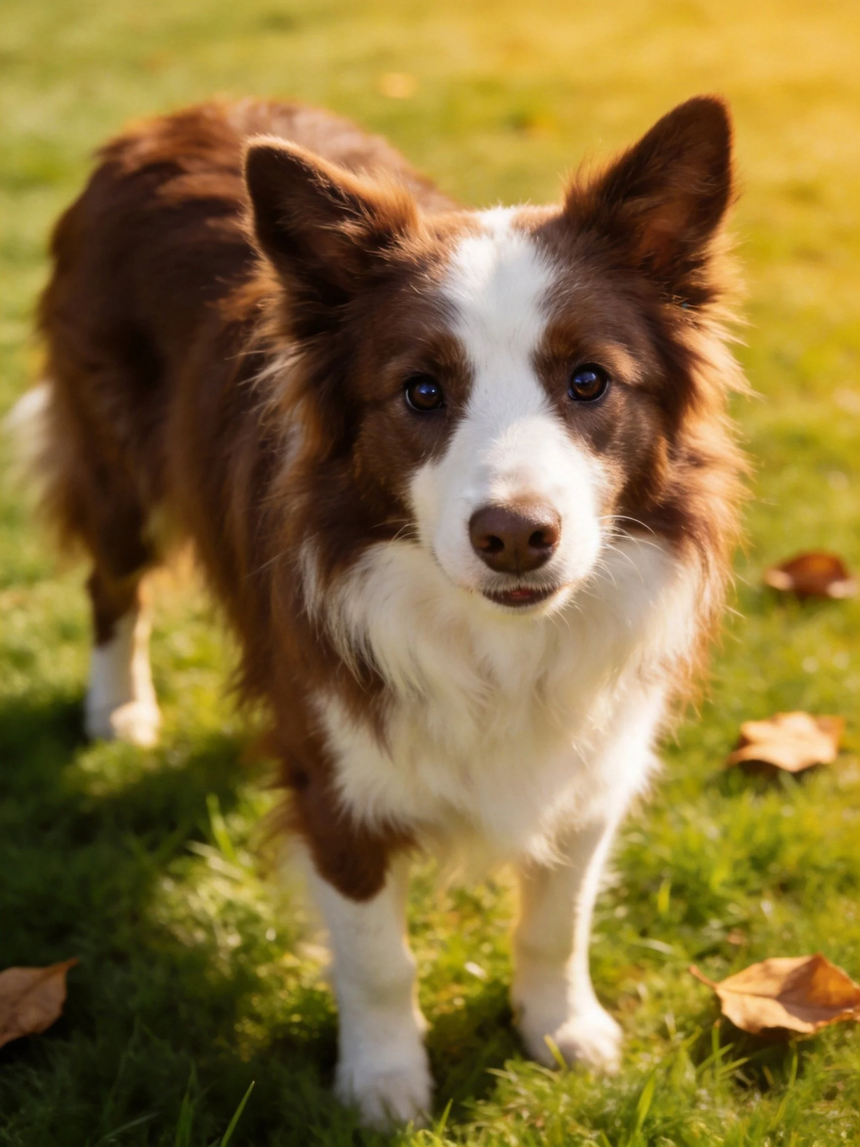 A brown and white Border Collie stands attentively on sunlit grass with scattered leaves.