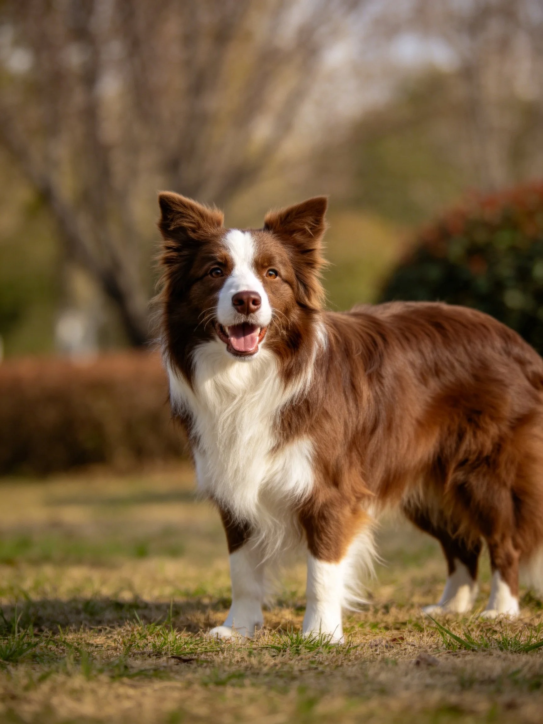 A brown and white Border Collie stands alert in a sunlit outdoor setting.