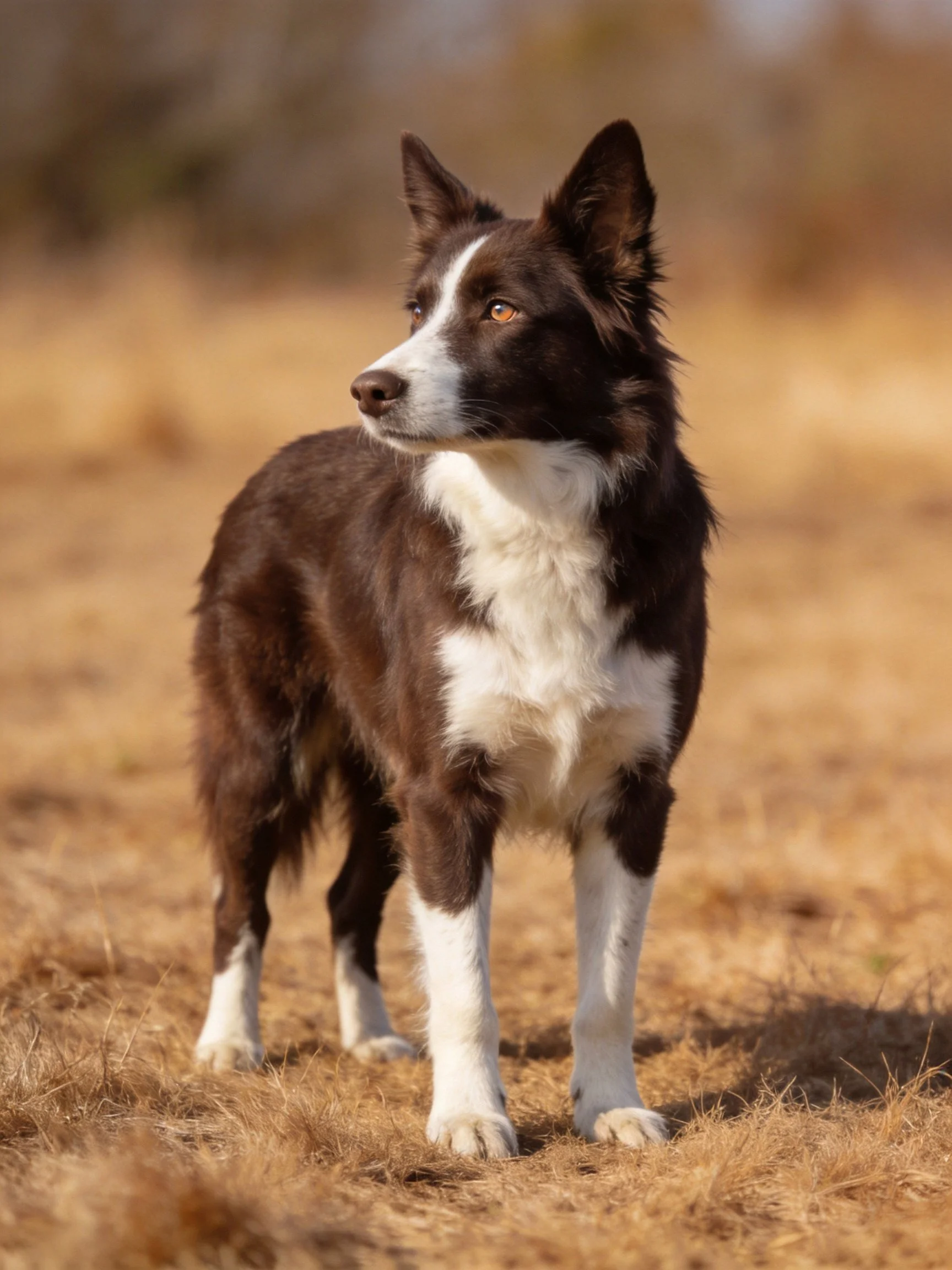 A brown and white Border Collie stands alert in an open field.